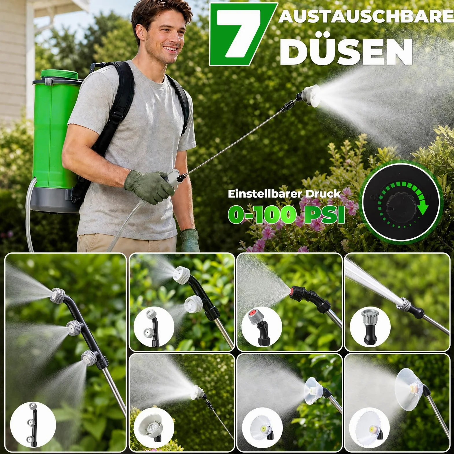 Pulvérisateur à pression sans fil 18 l avec 2 batteries 21 V 4,0 Ah, pulvérisateur arrière avec pression de 0 à 100 psi, système de mélange, 7 buses et lance télescopique, pour jardin