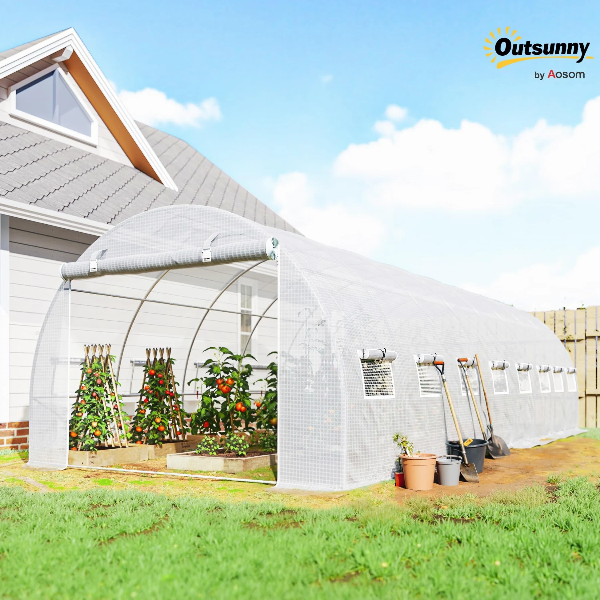 Outsunny Serre de Jardin Tunnel 24m² 8L x 3l x 2H m - 16 Fenêtres Blanc | Porte Zippée Enroulable, Châssis Tubulaire Acier Galvanisé, Bâche PE Haute Densité