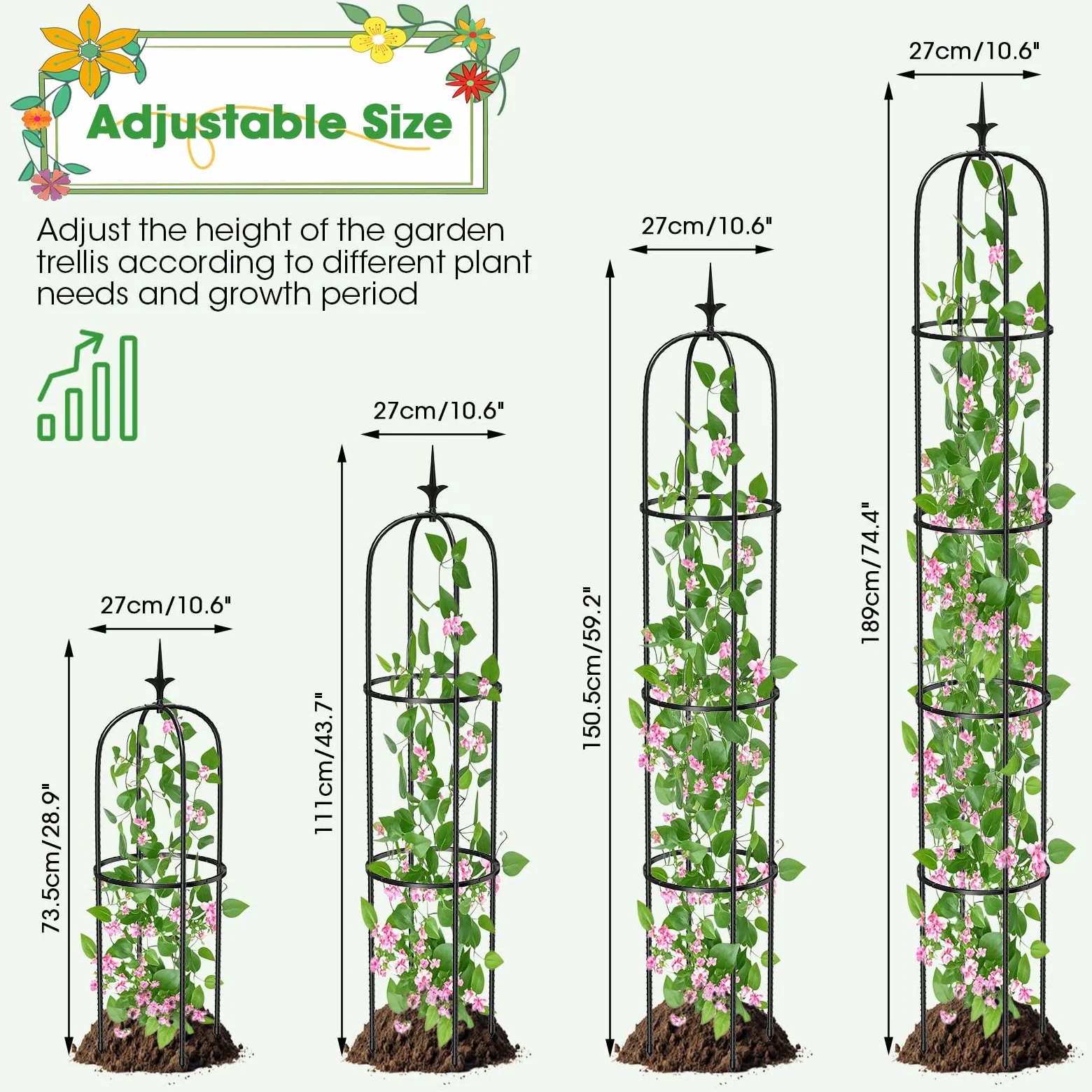 MQUPIN Tower Obélisque Treillis pour Plantes grimpantes de Jardin 150 cm - Obélisque en U Durable - Noyau en métal - Framboises - Amovible