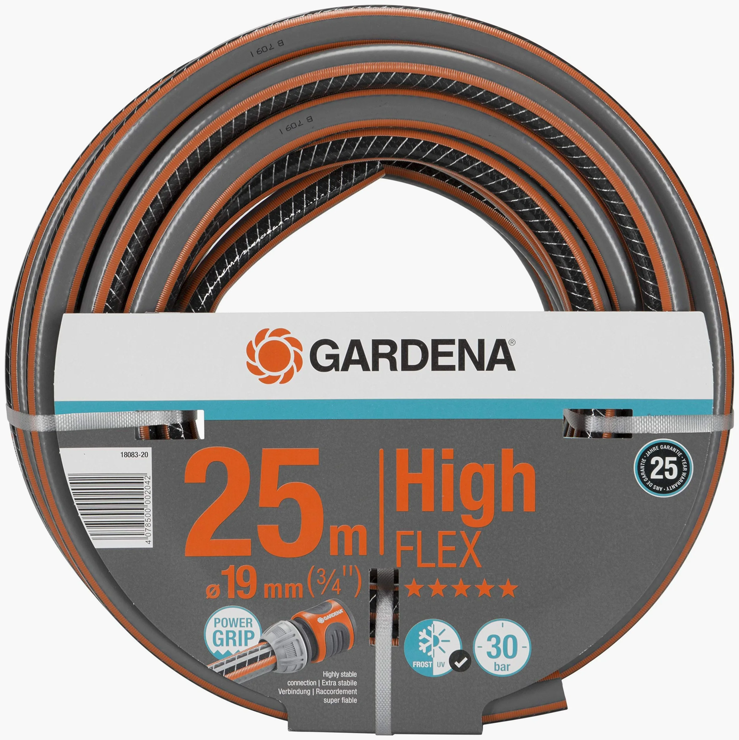Tuyau d'Arrosage Comfort Highflex de Gardena 19 Mm (3/4"), 25 M : Tuyau à Profil Power-Grip, 30 Bars & Raccord d'Arrosage Premium Aquastop 19 mm (3/4") : Aquastop, Bon Maintien du Tuyau, Emballé