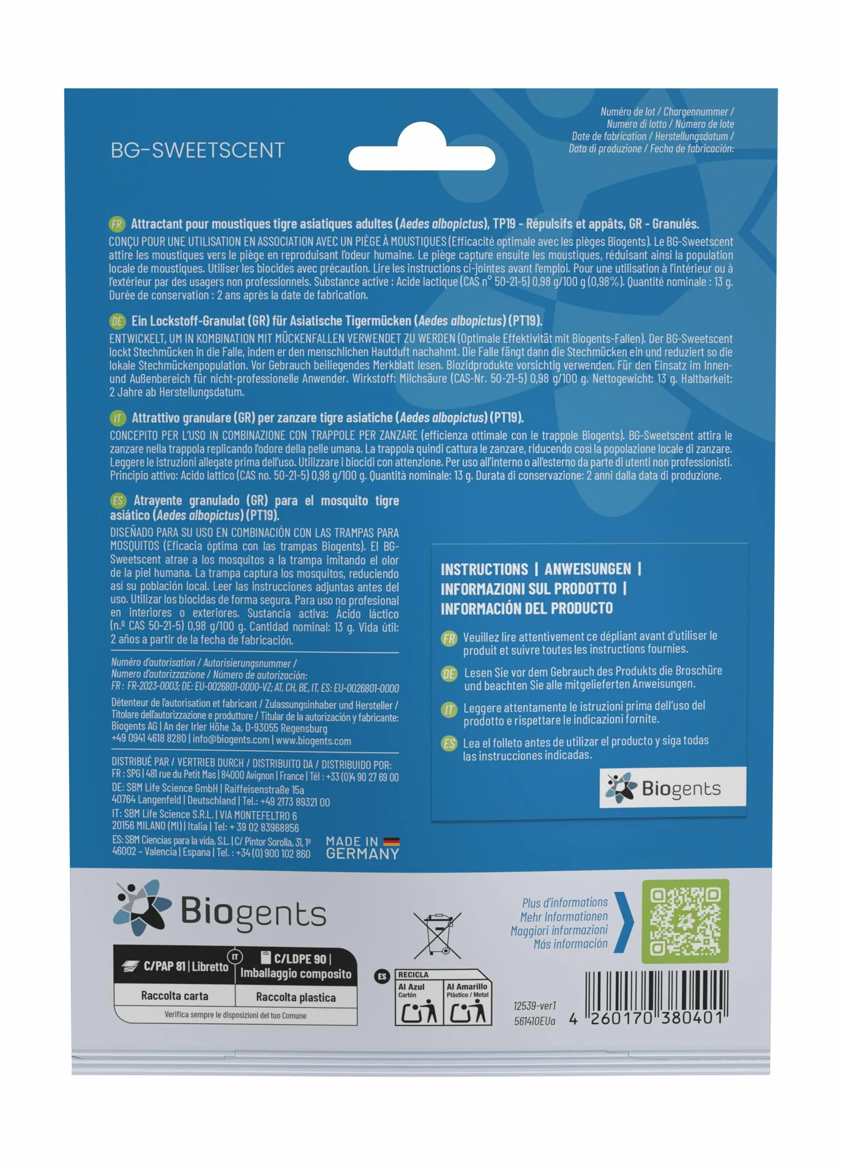 BIOGENTS BG-MOSQUITAIRE Piège Extérieur Anti-Moustiques Recharge 2 Mois BG-SWEETSCENT