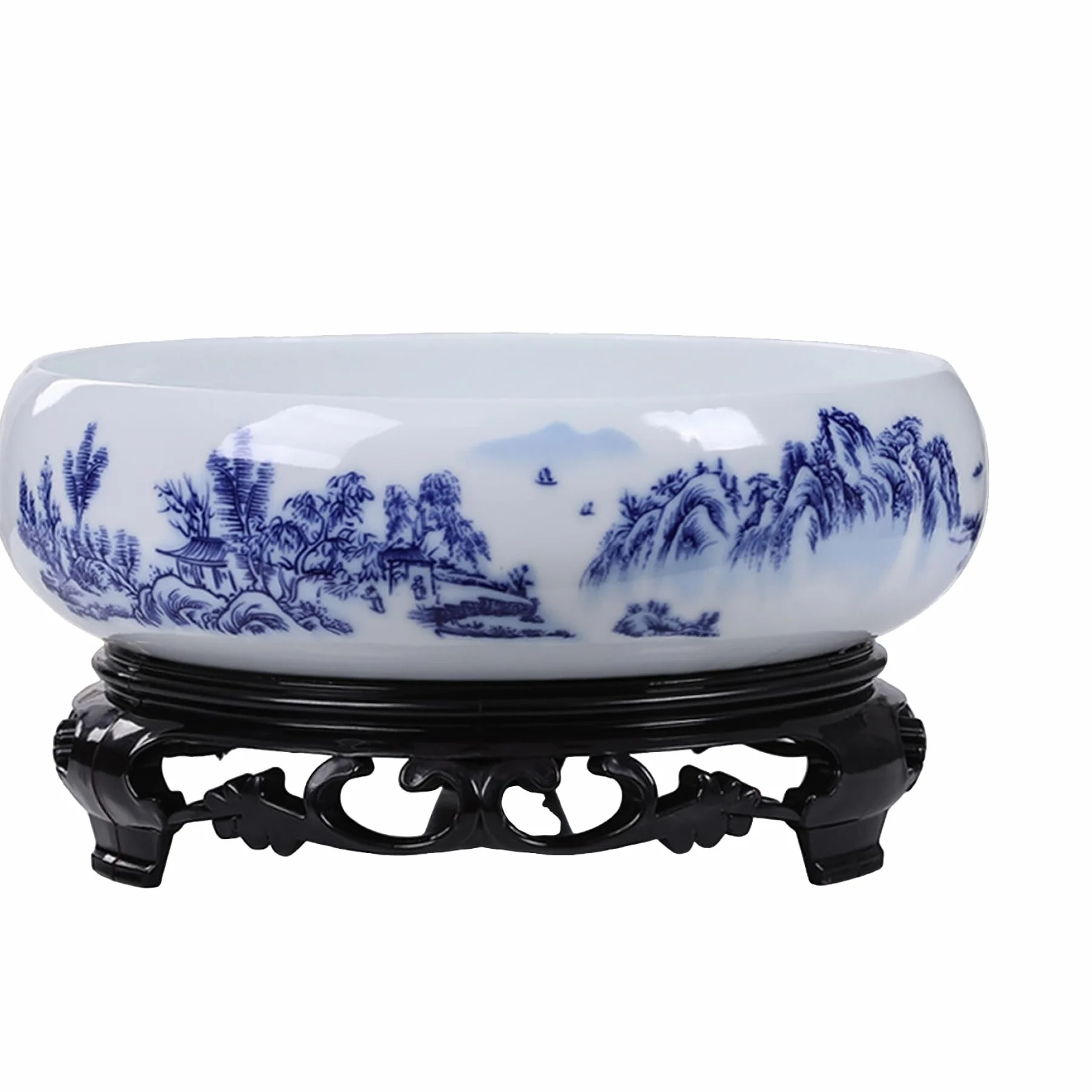 Lotus pot de fleurs en céramique bleue et blanche, pot décoratif rond pour jardin, balcon, bureau