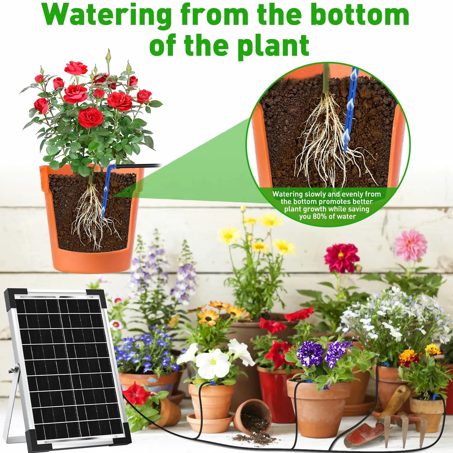 Onherm Arrosage Automatique Solaire pour 30 Plantes, 35M Tuyau et 300 Modes D’Irrigatio, Arrosage Goutte a Goutte Solaire Kit pour Jardin, Balcon et Plantes en Extérieur