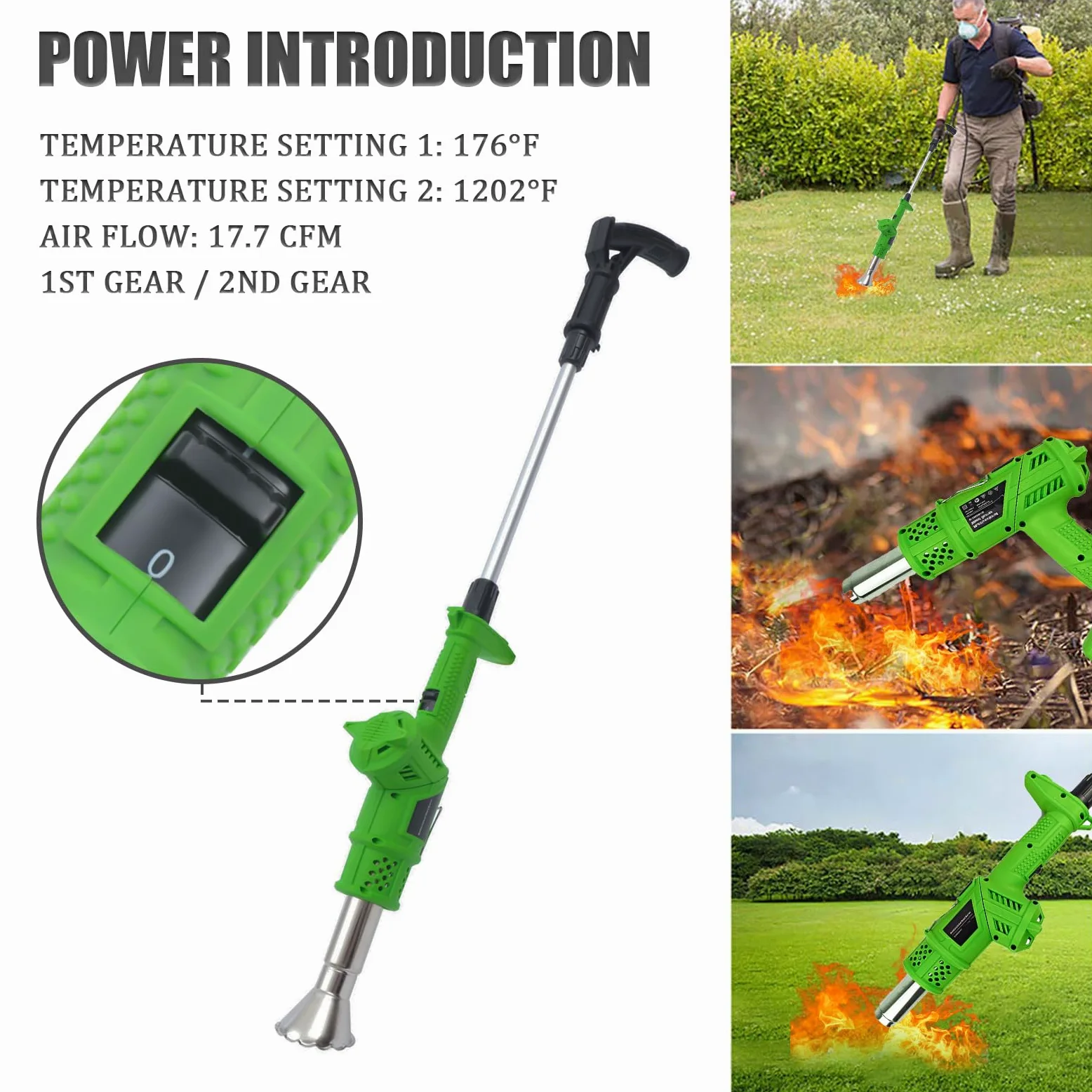 Désherbeur électrique 3 en 1 de 1500 W avec haute température de puissance réglable, buse de rechange pour désherbage de flamme, toiture et fonte de la glace – Sûr, respectueux de l'environnement