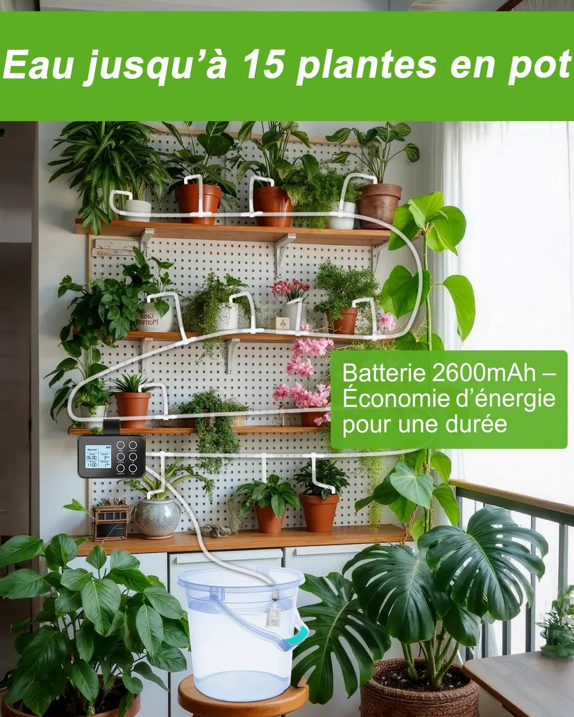 Système D'Arrosage Automatique,[15 Pots & Facile À Utiliser]Tipkook 2600mAh | Arrosage Automatique Interieur,Écran LED,Type-C,Économie D'Eau 70%,Minuterie Programmable pour Intérieur,Jardin,Balcon