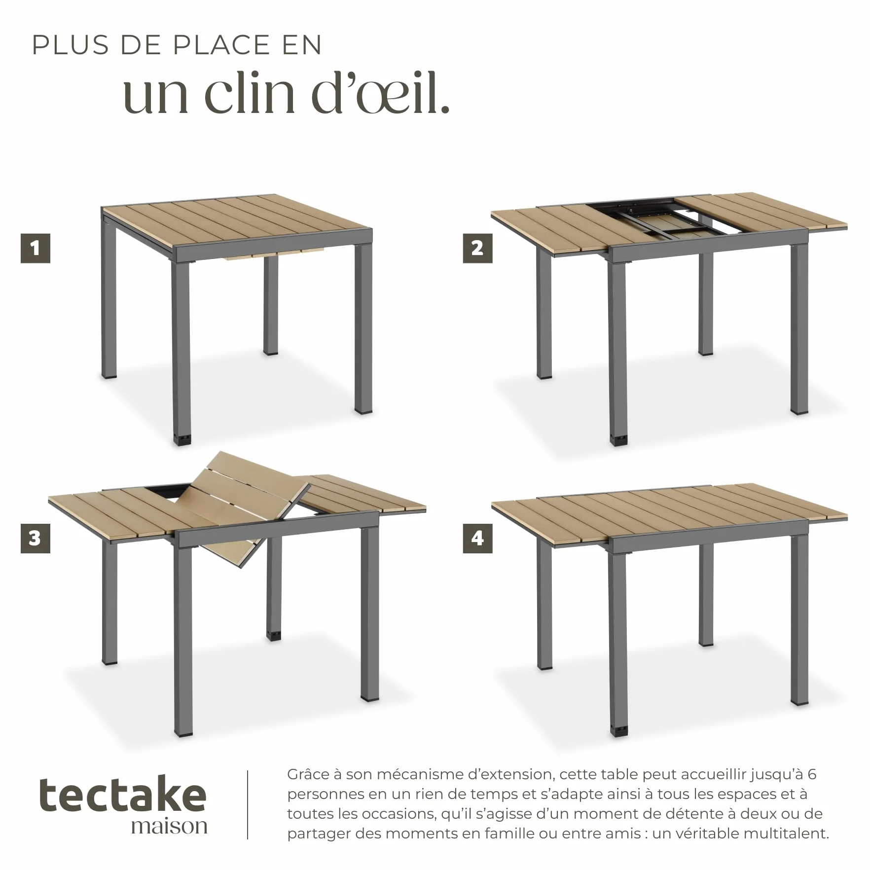 Tectake Table de Jardin Extensible Aluminium 80-120 x 80 x 74 cm 4-6 Personnes