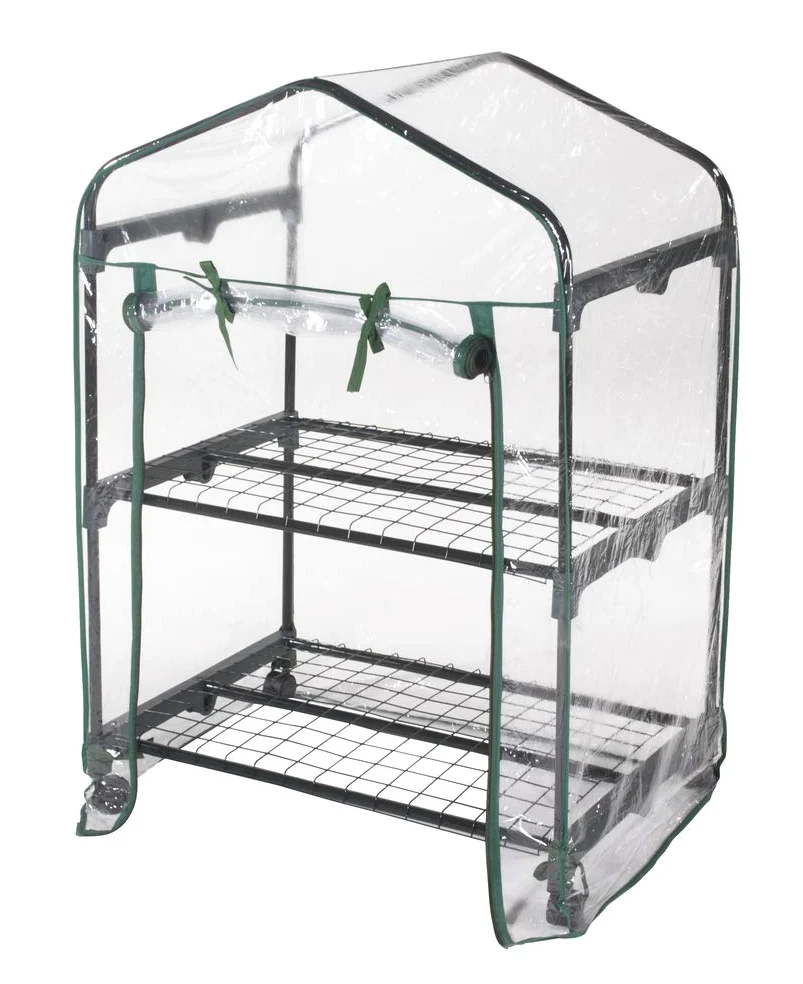 Serre avec 2 étagères en acier avec roues et bâche PVC transparente L 69 x P 49 x H 98