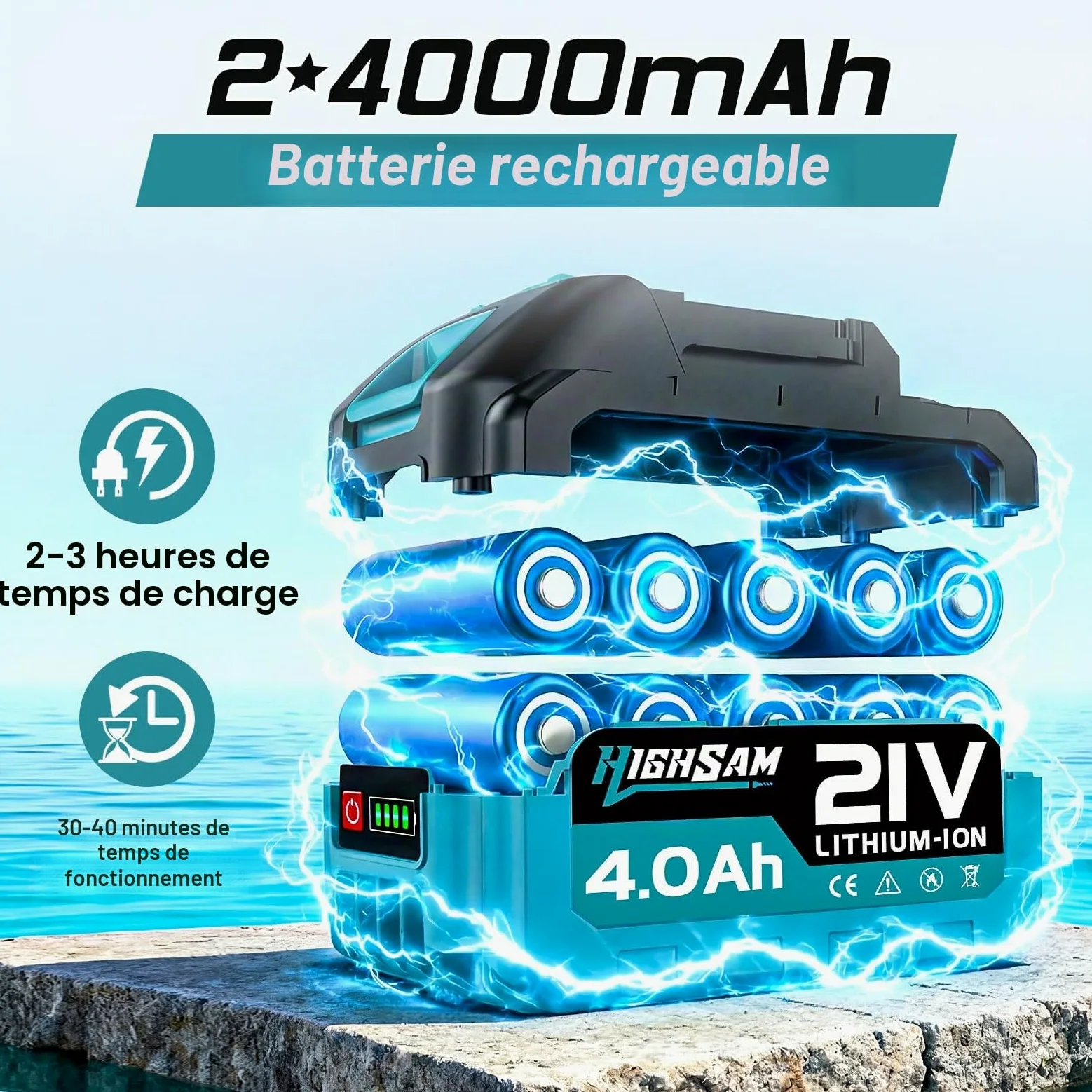 Nettoyeur Haute Pression sans Fil, Moteur sans Balais 3000 W, Mode 3 Vitesses, Maximum 100 Bar, Batterie De avec 2 Batteries 4,0 Ah, Buse Rotative 5 en 1, pour La Voiture Et La Maison
