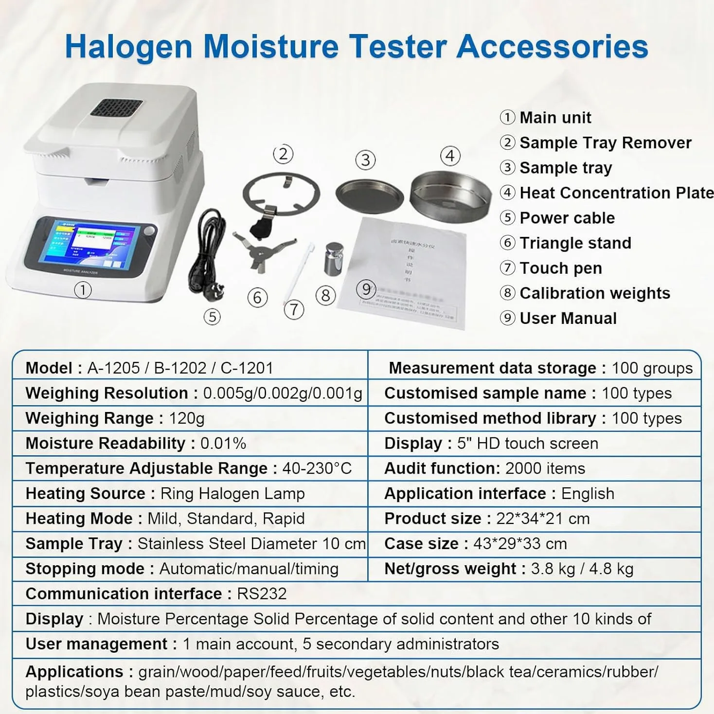 Humidimètre halogène portable, analyseur d'humidité pour un test rapide dans les aliments, les plantes et les matériaux de construction, lisibilité de 0,01 %, 3 modes de séchage, 3 options d'arrêt
