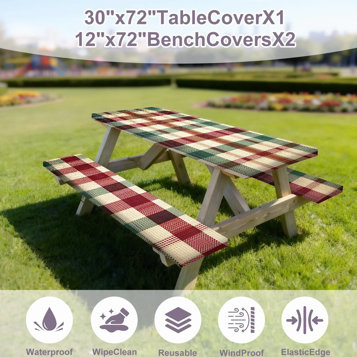 Nappe Table Pique Nique 6FT Carreaux Rouge Vert Lot de 3, Housse Imperméable Extérieur 72"x30" avec Housses Banc