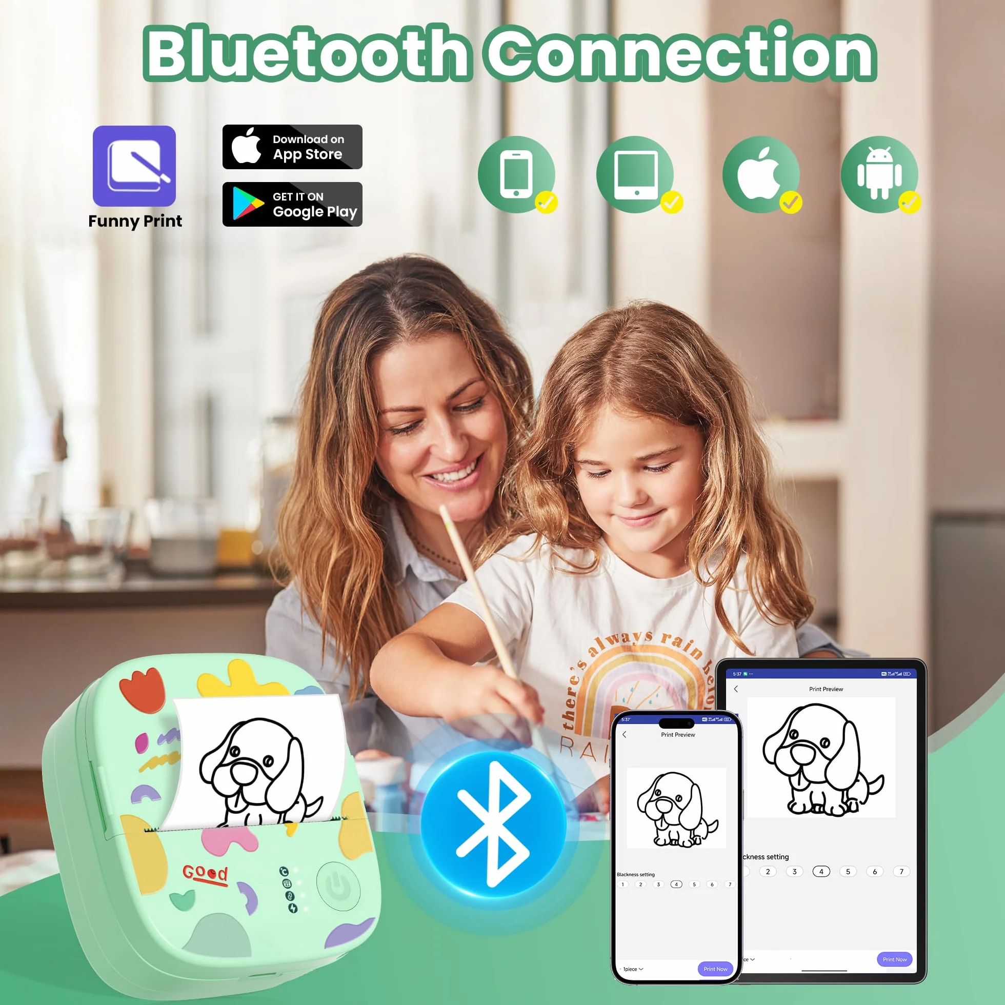 Imprimante Thermique Mini sans Encre Bluetooth Portable 3 Rouleaux Papier Vert pour Stickers Étiquettes DIY Enfants