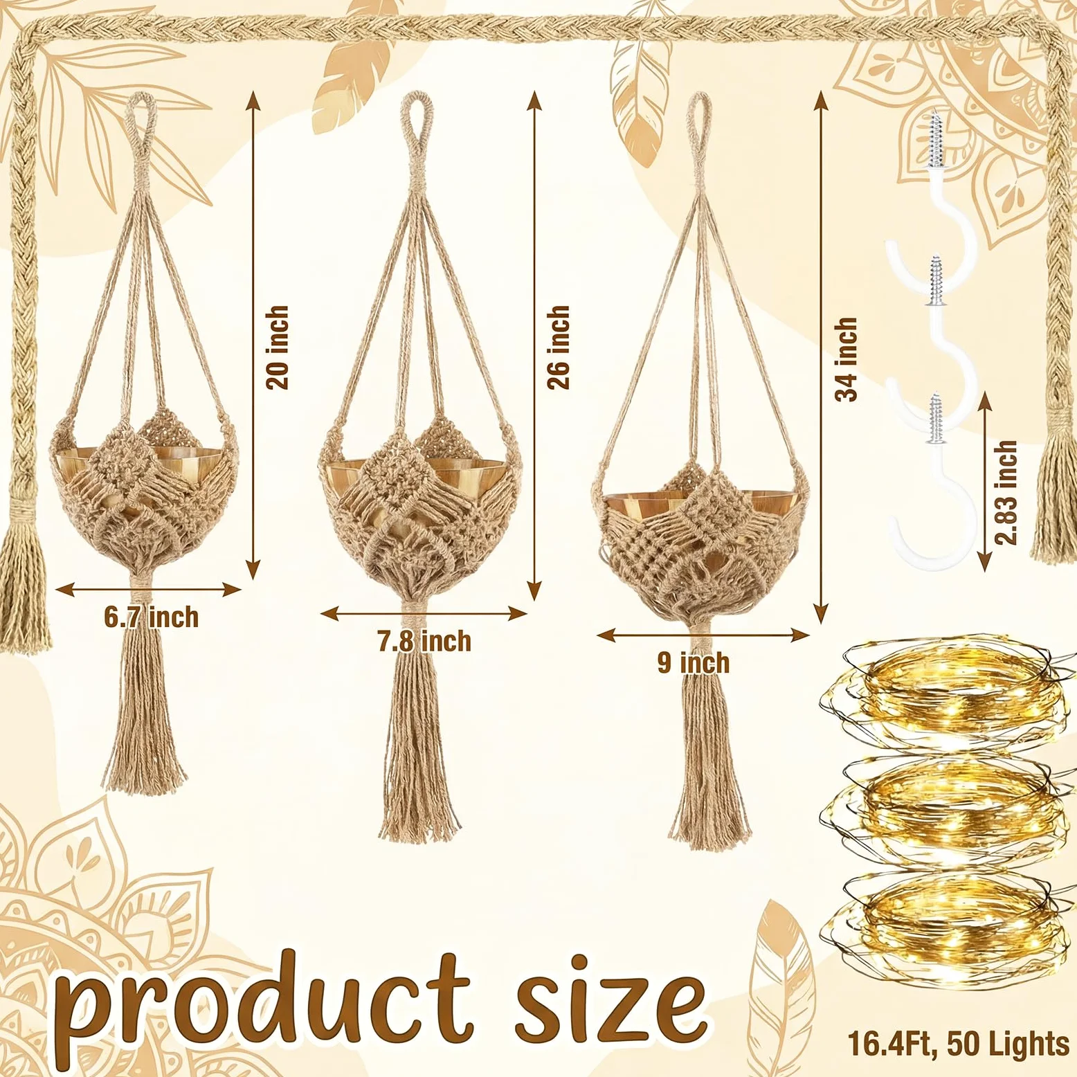 Sliner Lot de 3 cintres longs en jute pour plantes macramé avec lumières et crochets - Paniers suspendus bohème pour intérieur et extérieur - 3 tailles différentes