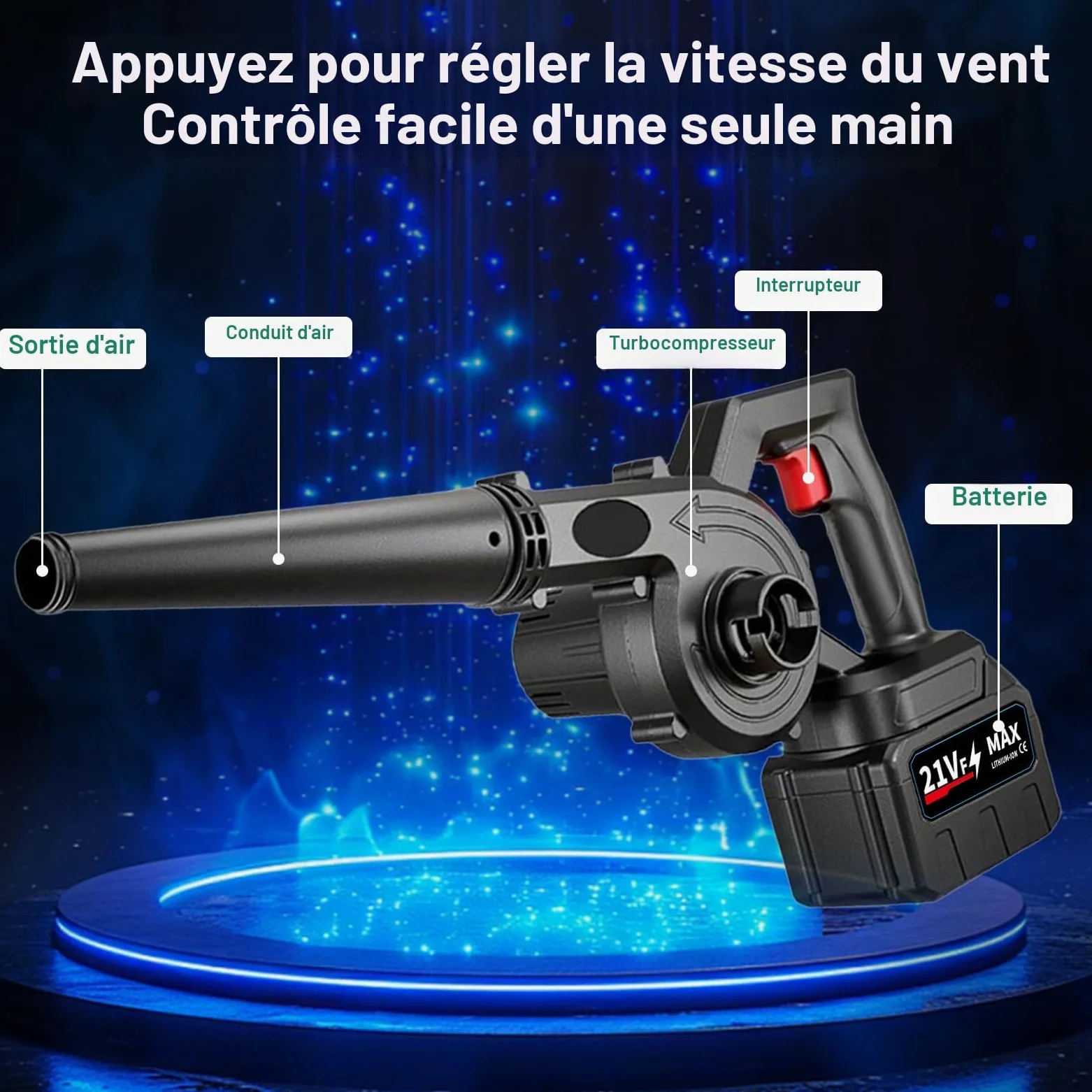 Souffleur à Feuilles Sans Fil 21V Souffleur & Aspirateur 2 en 1 Souffleurs à Feuilles électrique Sans Fil avec Chargeur / 2*3000mAh Batterie, 1.6m³/min 18000 trs/min, pour Jardin Cour Patio