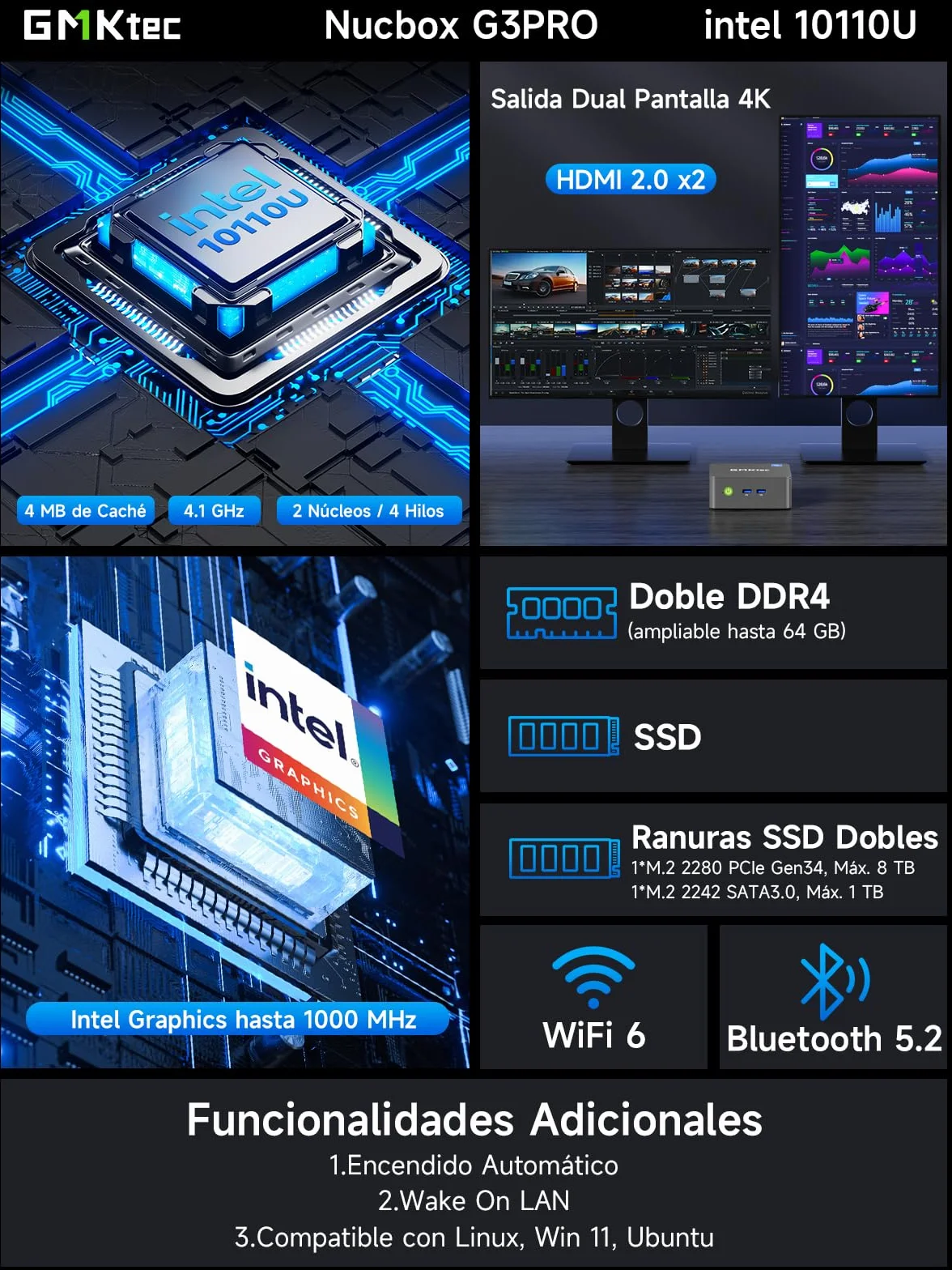 GMKtec G3 Pro Mini PC Win 11 Intel i3-10110U 8Go DDR4 RAM 256Go SSD WiFi 6 BT 5.2 2xHDMI 2.5G LAN