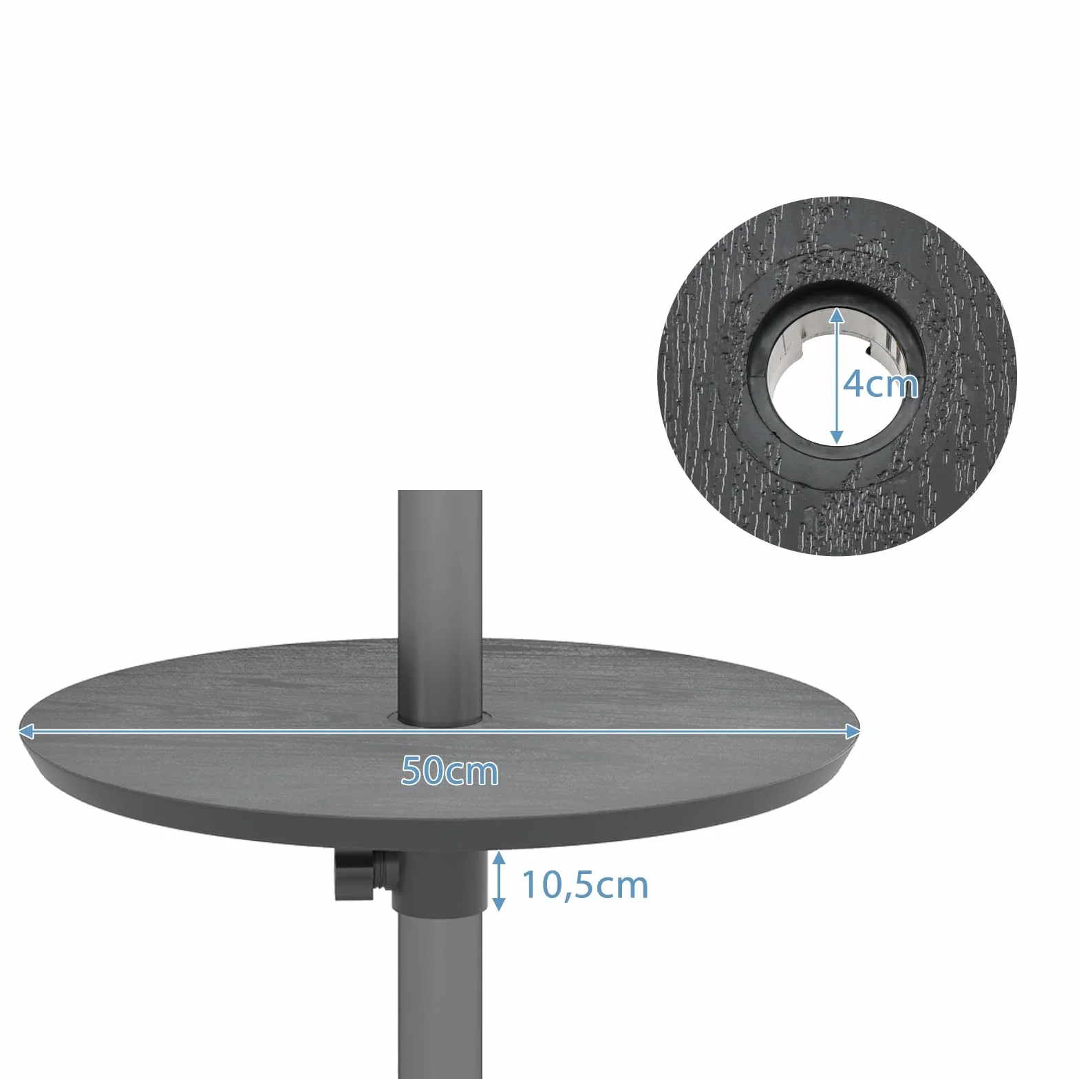 RELAX4LIFE Table de Parasol de Jardin Ronde Φ 50CM Hauteur Réglable Trou de Parasol 38 mm Plateau PE Imitation Grain de Bois Noir