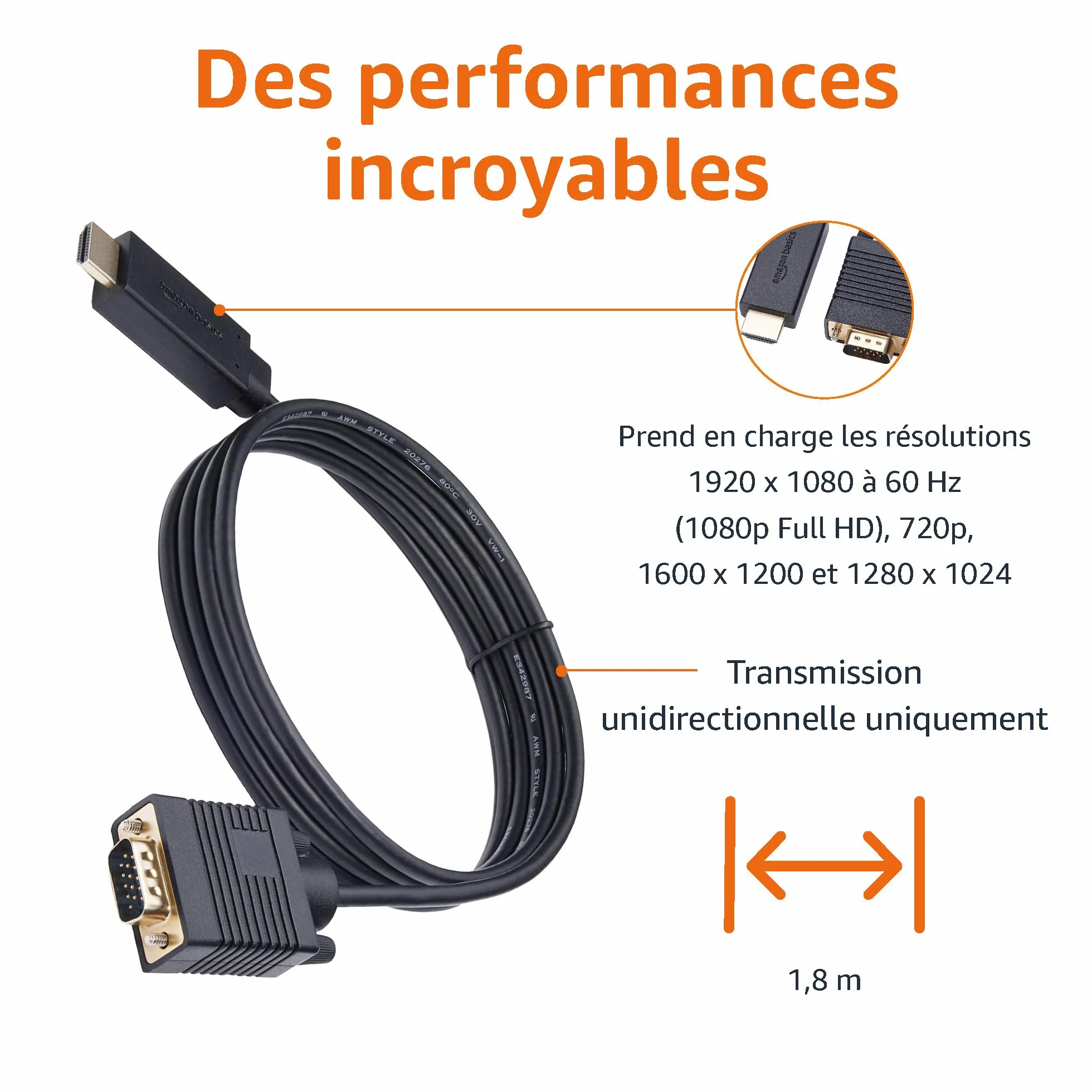 Amazon Basics Câble HDMI vers VGA 6 Feet Noir Plaqué Or