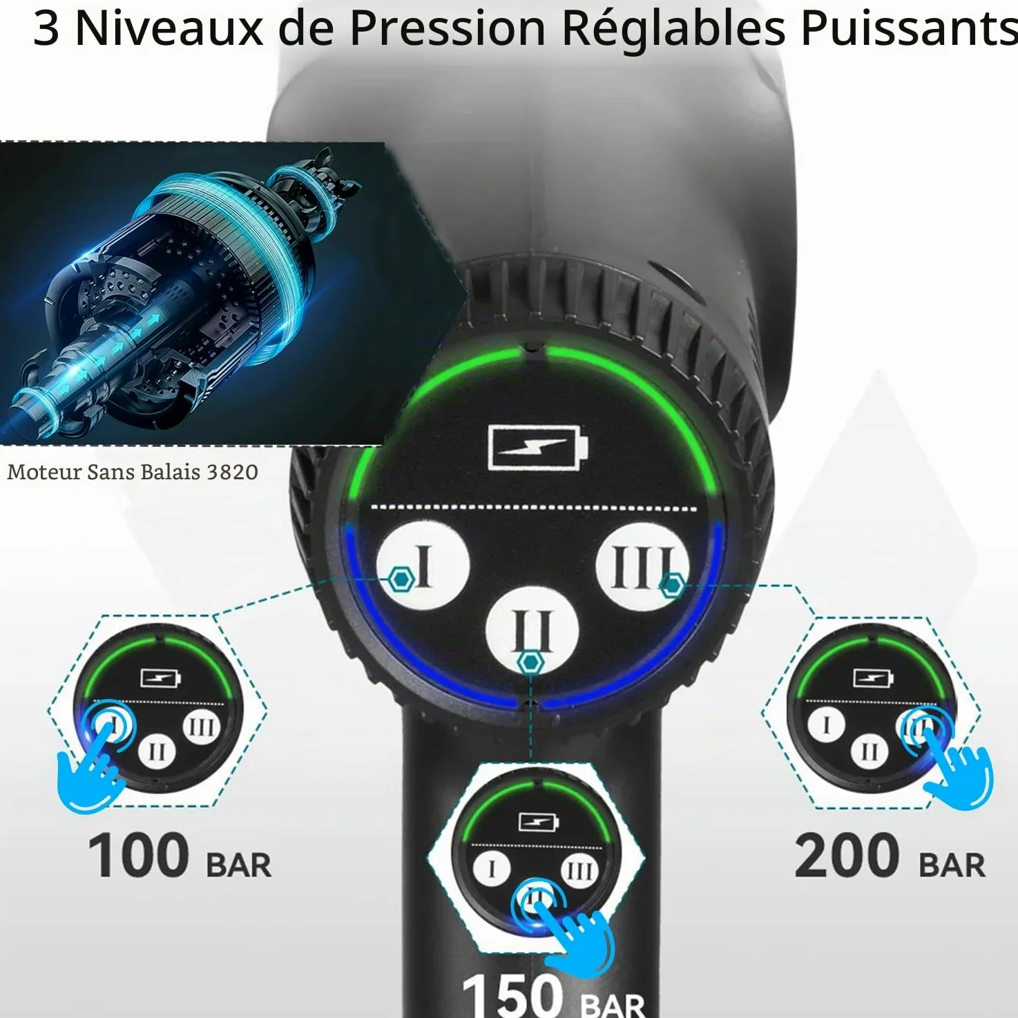 Nettoyeur Haute Pression sans Fil 3 Niveaux de Réglage Max 200Bar | Buse 6 en1 Sur Batterie 15000mah portable