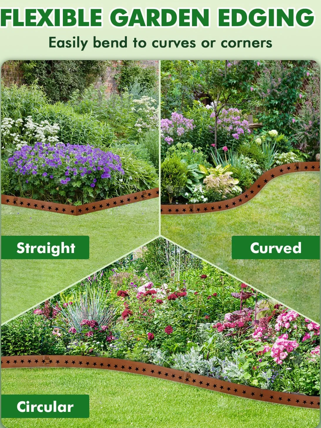 10 Pièces 10.75M Bordures de Jardin Métal,Hauteur 15cm Flexible Bordure de Pelouse,Résistantes aux Intempéries,Résistante à la Rouille,Style Star Bordures pour Cour, Jardin, Pelouse