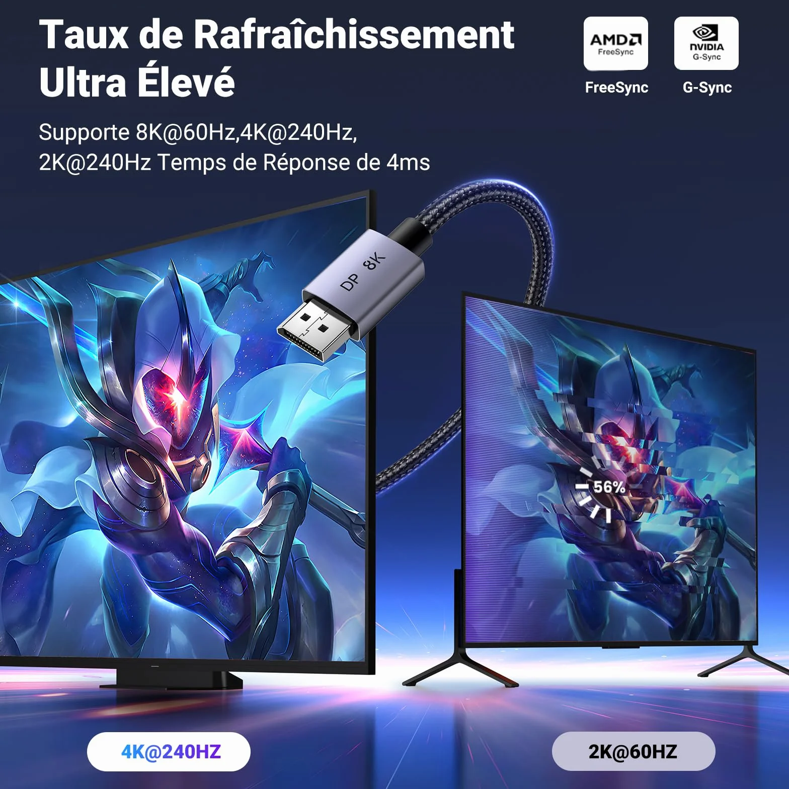 UGREEN Câble DisplayPort 1.4 8K 60Hz 4K 240Hz, Câble DP Certifié VESA 1.4 Aluminium Mâle-Mâle HDR GSync Nylon Tressé 2M