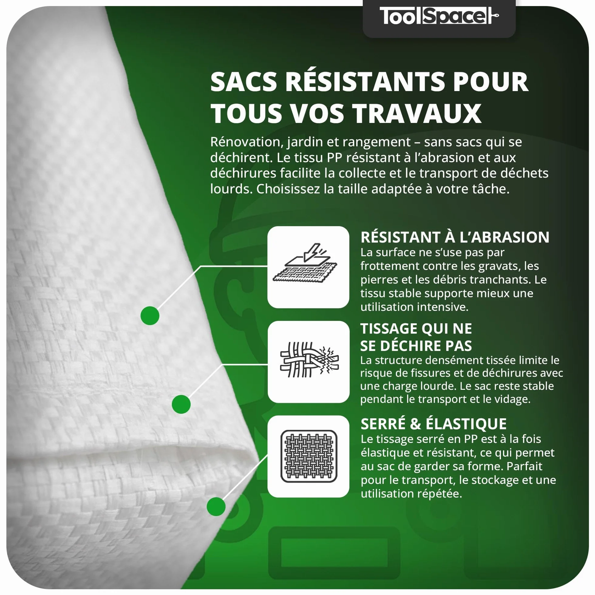 ToolSpace Sac à Gravats PP Tissé 65×105 cm Polypropylène 50 kg Réutilisable