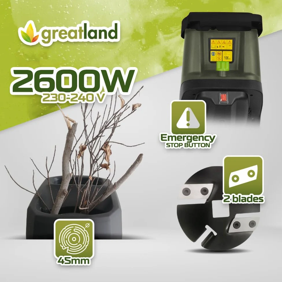 Broyeur de végétaux électrique 2600W avec sac récupérateur de 45L