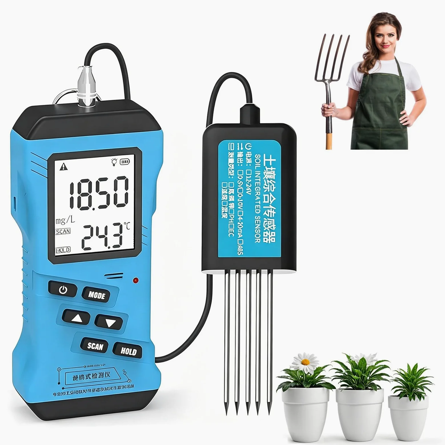 Kit numérique d'analyse de sol pour plantes, Testeur d'humidité, NPK, pH et conductivité : précision laboratoire, facile à utiliser, économies (pas de frais labo). Usage intérieur/extérieur, durable