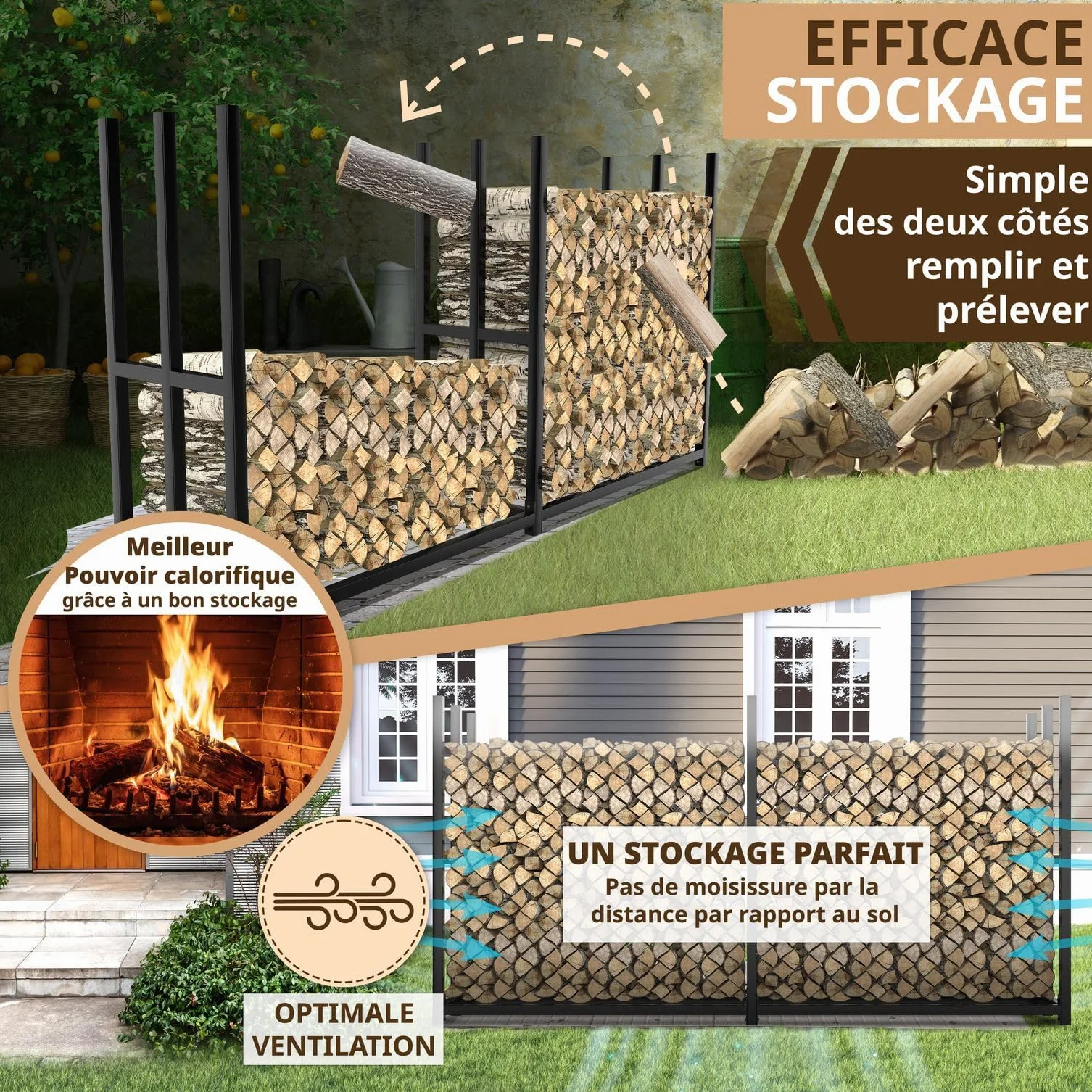 LAWA Porte-bûches extérieur métal galvanisé 223x50x115 cm Support 25-33 cm