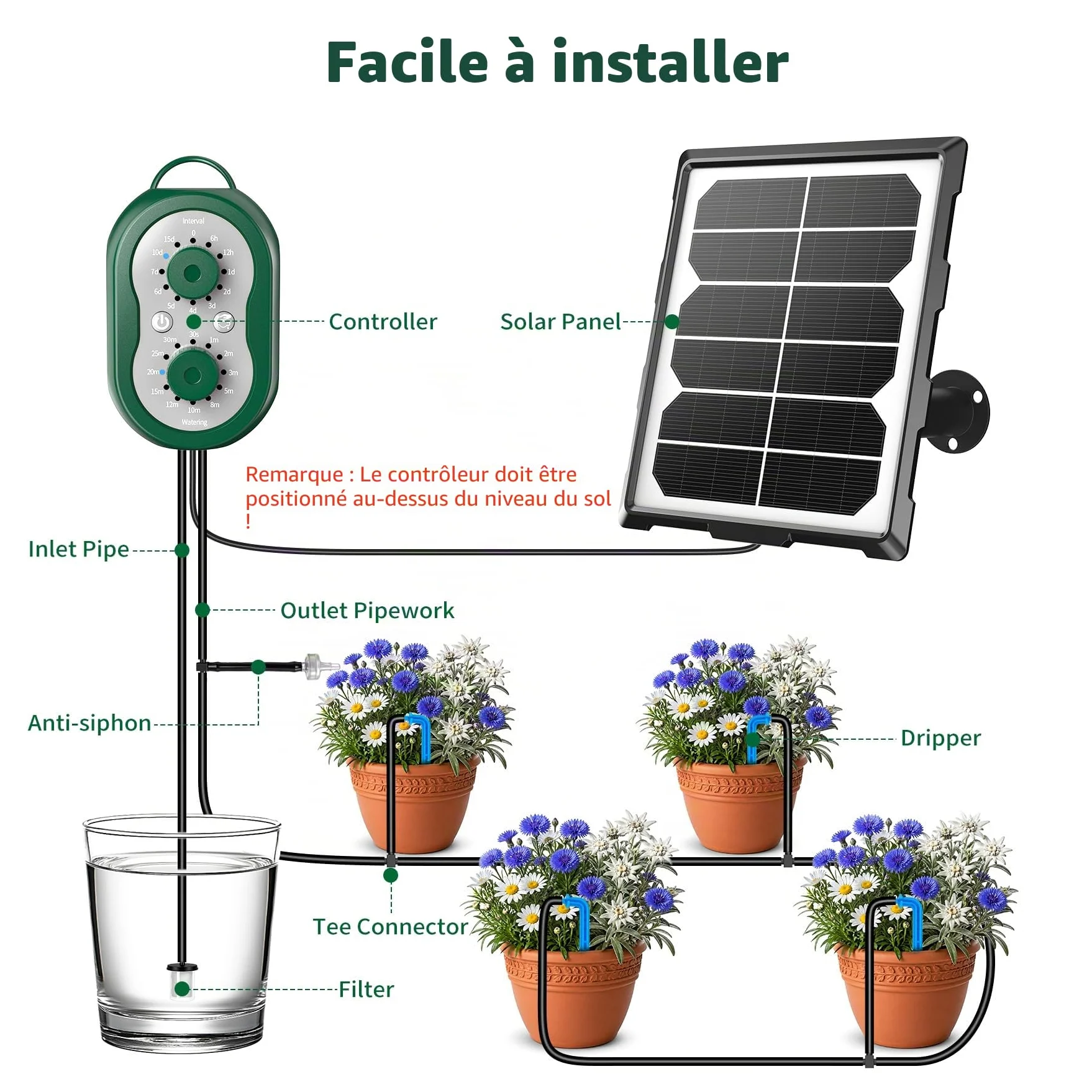 Kit Arrosage Automatique Solaire pour Jardin avec Contrôleur, 2200mAh Rechargeable Système D'irrigation Goutte à Goutte 132 Modes Arrosage Automatique pour Jardin, Balcon, Pelouse
