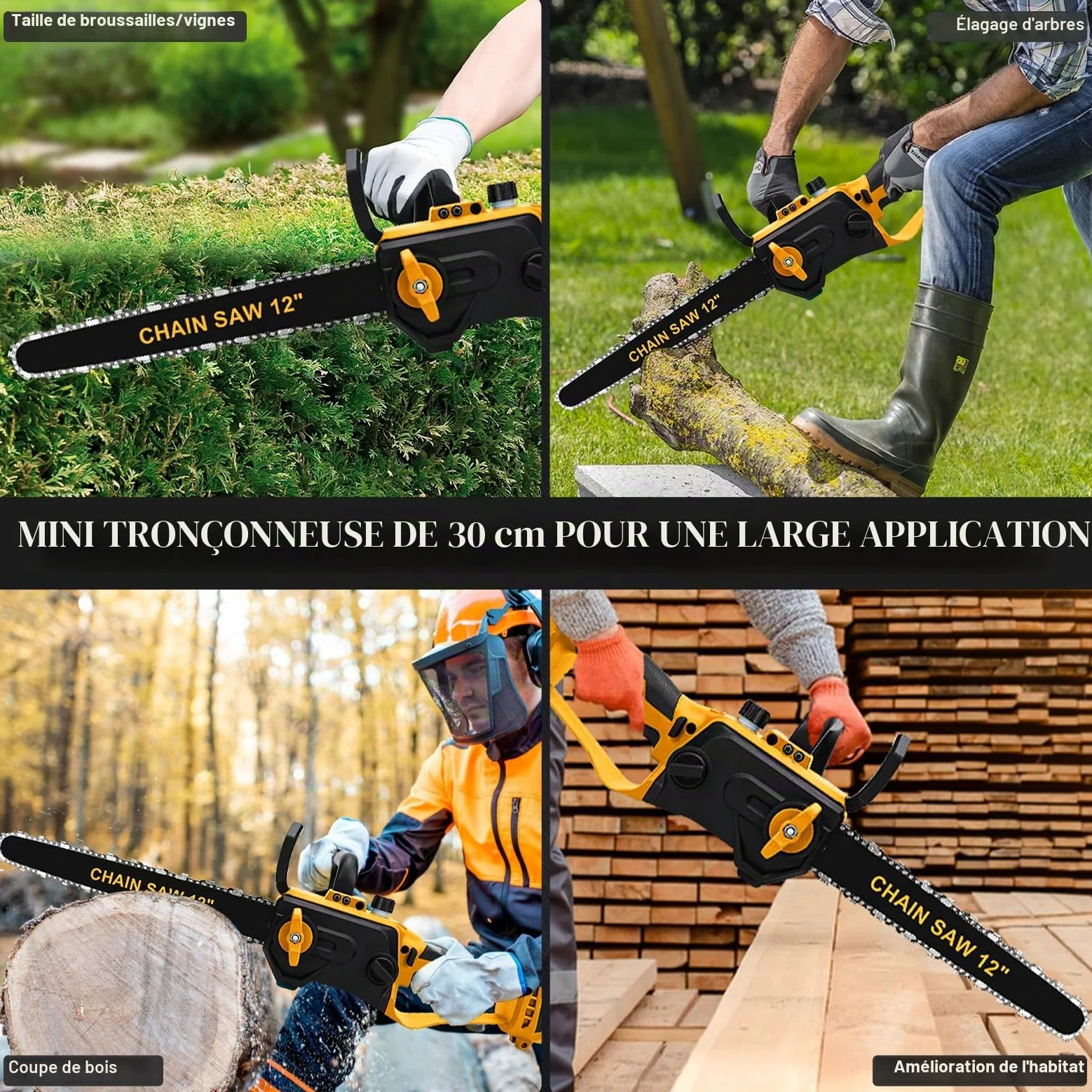 WingFly Tronçonneuse à Batterie 12 Pouces Compatible avec Dewalt 18 V, 20 V, Tronçonneuse Électrique sans Fil, Vitesse de Chaîne 10 m/s, Mini Scie à Chaîne, 2 Chaînes (sans batterie)