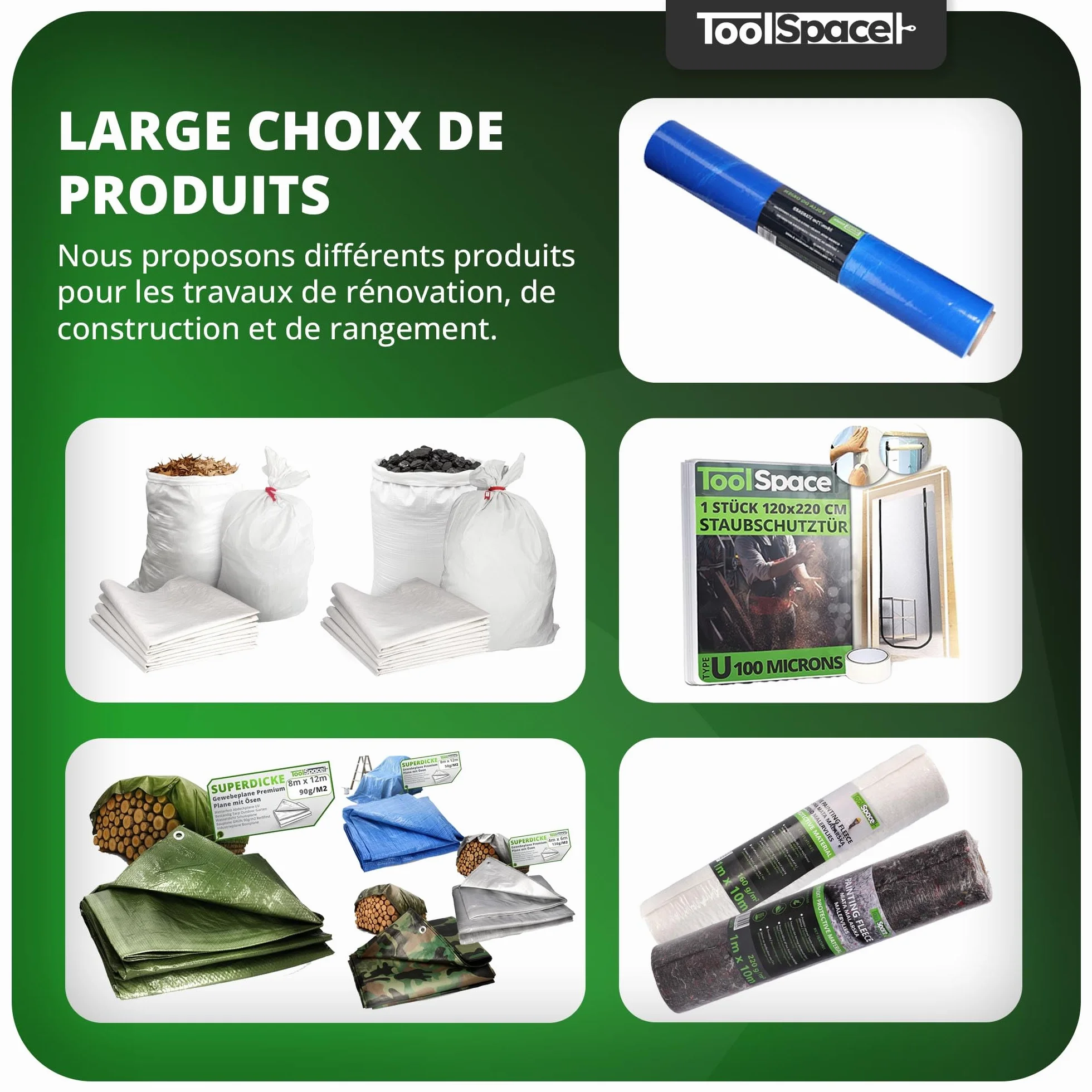ToolSpace Sac à Gravats PP Tissé 65×105 cm Polypropylène 50 kg Réutilisable