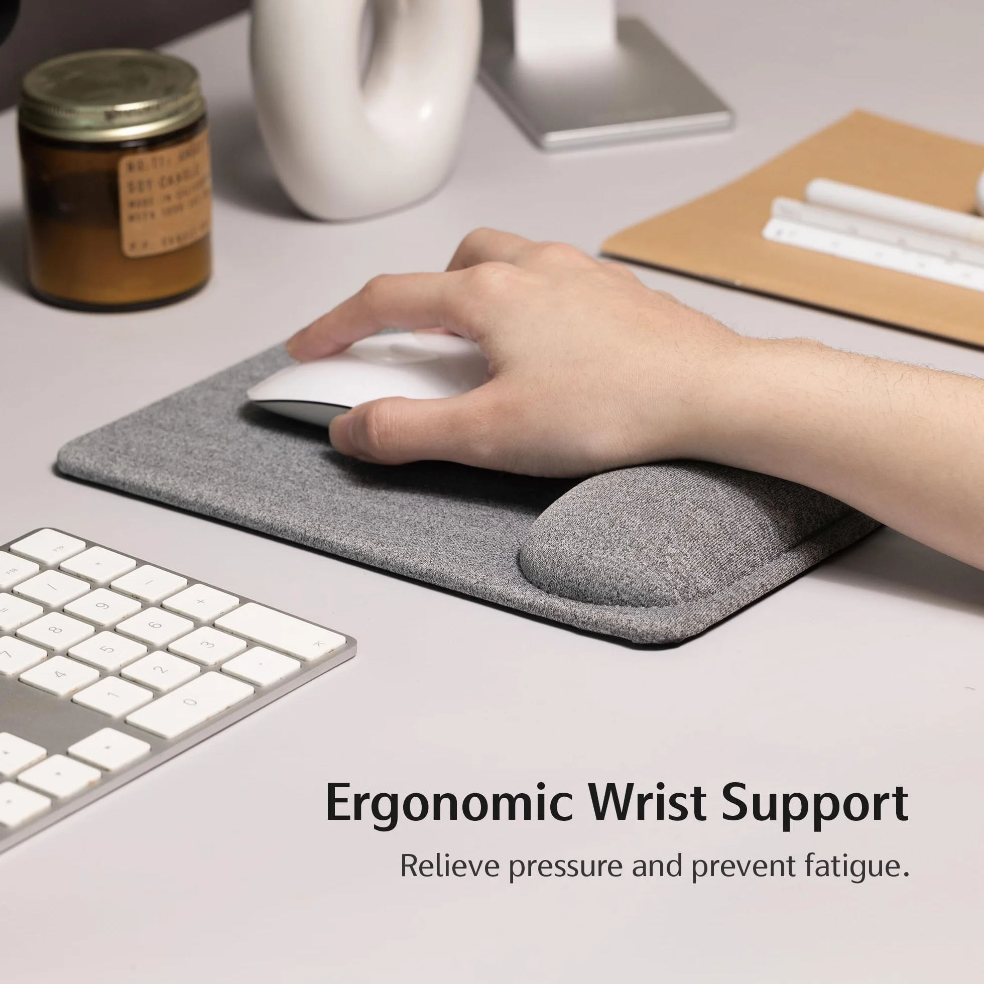 SenseAGE Tapis de Souris Ergonomique avec Repose Poignet, Base Antidérapante 22,5 x 15,5 cm Gris