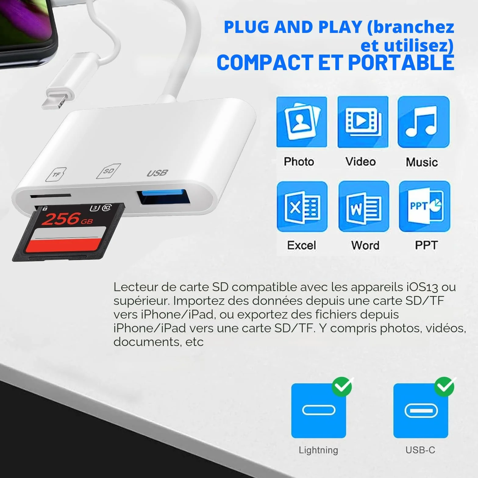Lecteur Cartes SD pour iPhone 16/15/iPad, Apple MFi Certified, Lightning USB-C Adaptateur SD/Micro SD/USB