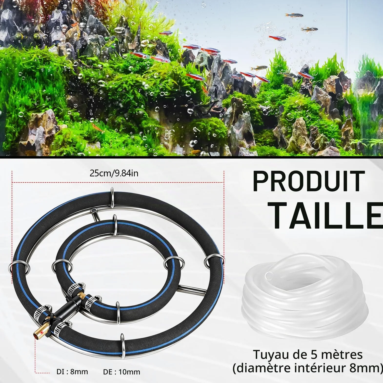 Aérateur De Bassin, Anneau D'aération De 25cm pour Bassins Double Cadre en Acier Inoxydable Diffuseur D'oxygène pour Bassin à Poissons avec Tuyau d'air De 5M Tube De 8mm De Diamètre