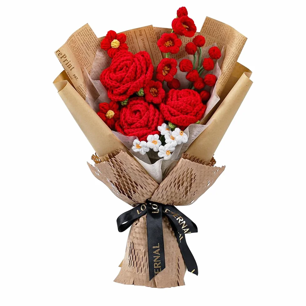 NAVESO Bouquet de fleurs en crochet fait à la main, roses rouges éternelles pour Saint-Valentin