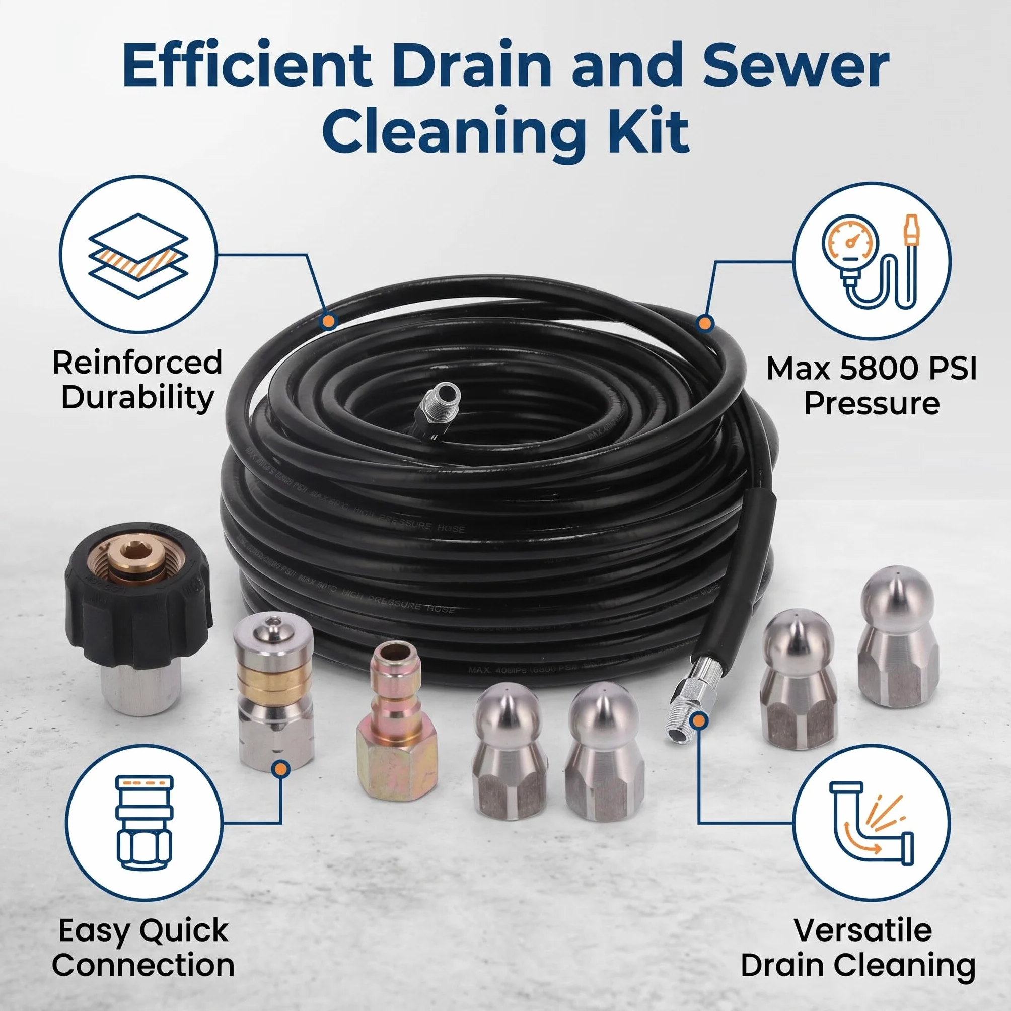 30m Tuyau de Nettoyage Haute Pression, Tuyau de lavage Tuyau de Remplacement pour les Nettoyeurs Double couche renforcée Cliquez sur Plug Quick Connector 5800 PSI