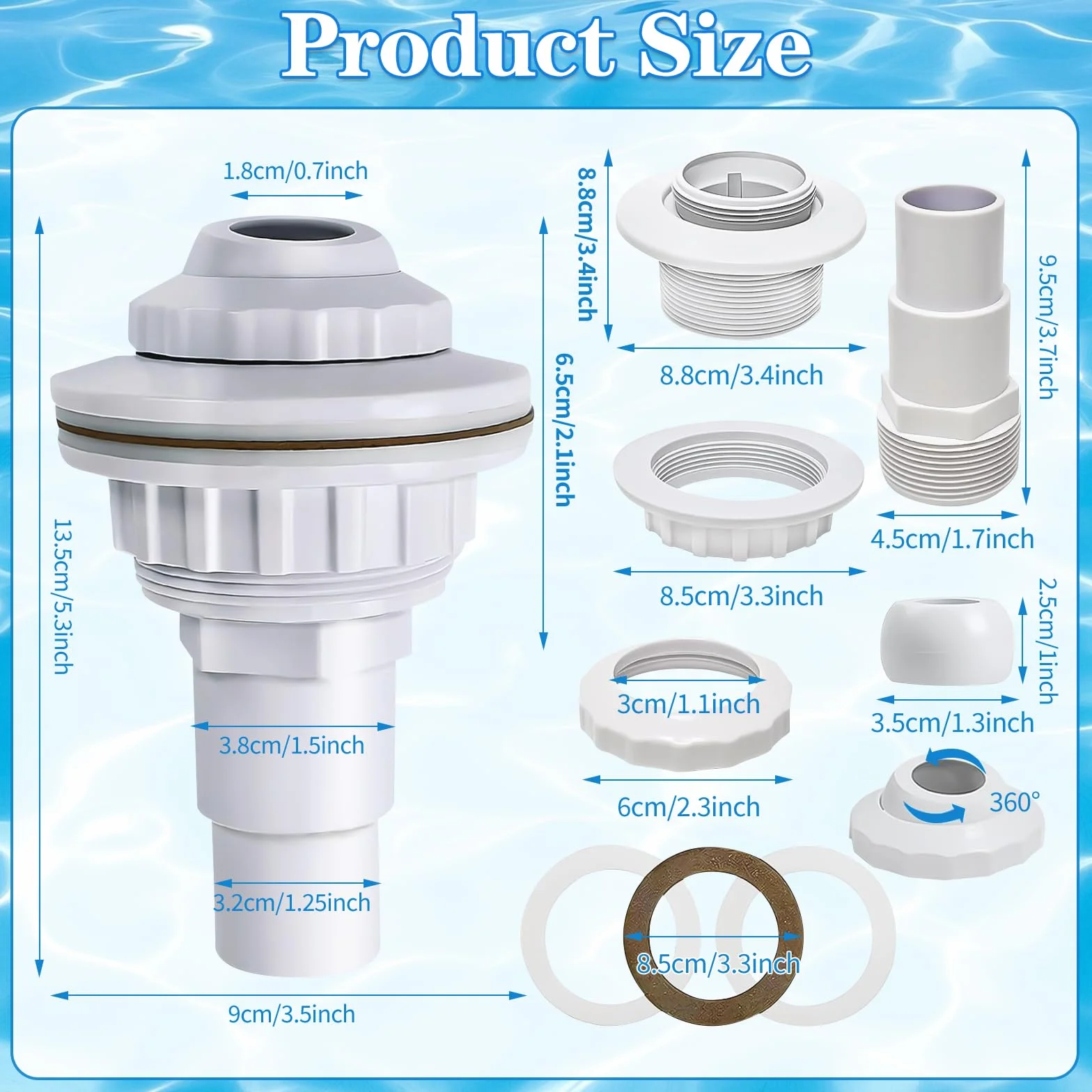 Buse d'entrée pour Piscine Réglable, Buse de Refoulement avec Tête Pivotante 32 mm 38 mm