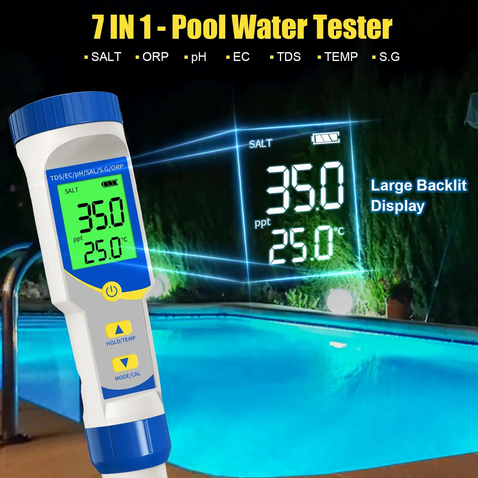 Compteur de sel numérique pour piscine, Phmètre étanche IP67 avec ATC, 7 en 1 /TDS/EC/Salinité PH Testeur, Compteur de Salinité PH pour Test de dureté de l'eau Aquarium, Eau potable