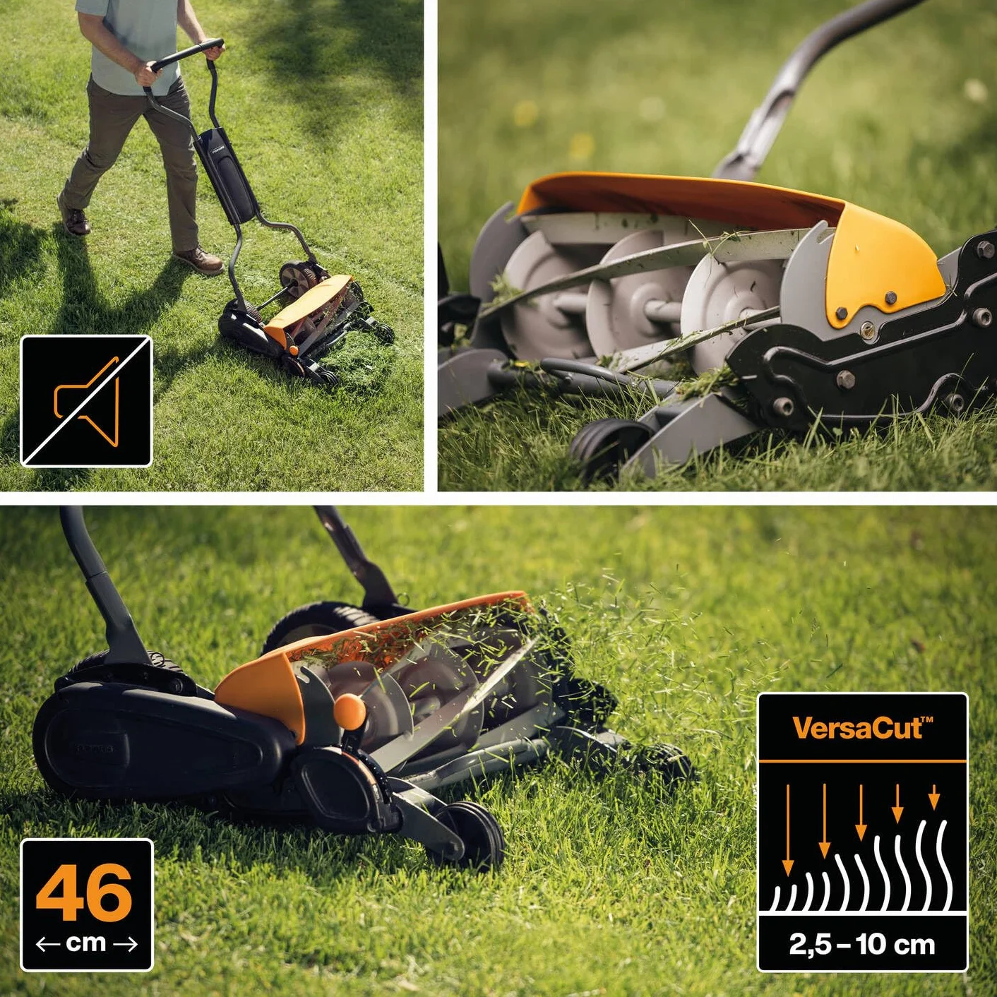 Fiskars Tondeuse à gazon manuelle, Tondeuse à cylindre avec système de coupe sans frottement des lames, Largeur de coupe: 46 cm, Noir/Orange/Argenté, StaySharp Max, 1000591 | Largeur de coupe: 46 cm, Noir/Orange/Argenté, StaySharp Max, 1000591