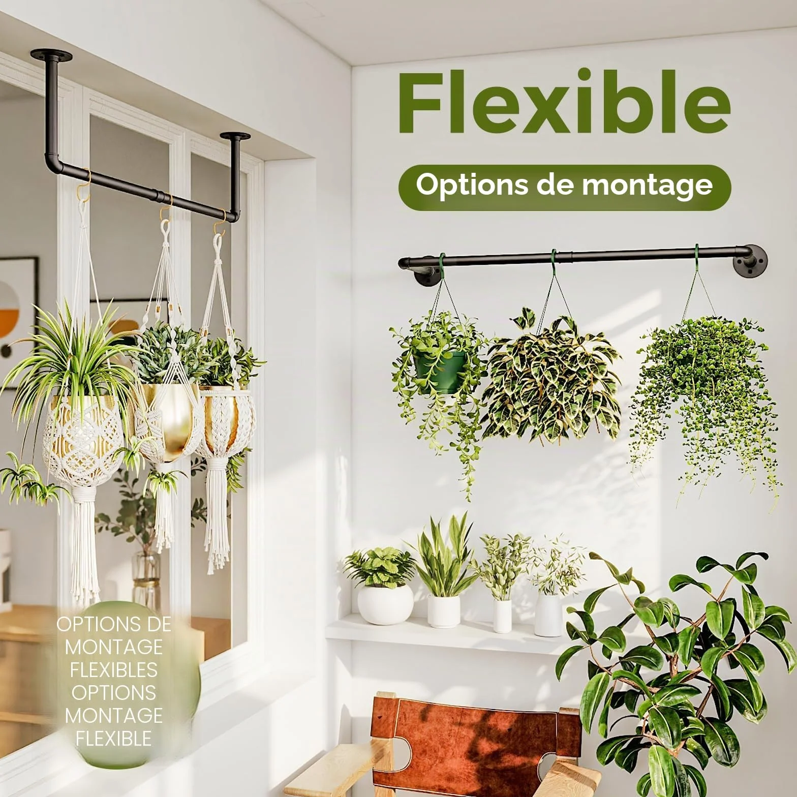 Bamworld Porte-Plantes Suspendues 92 cm Tringle Murale Métal