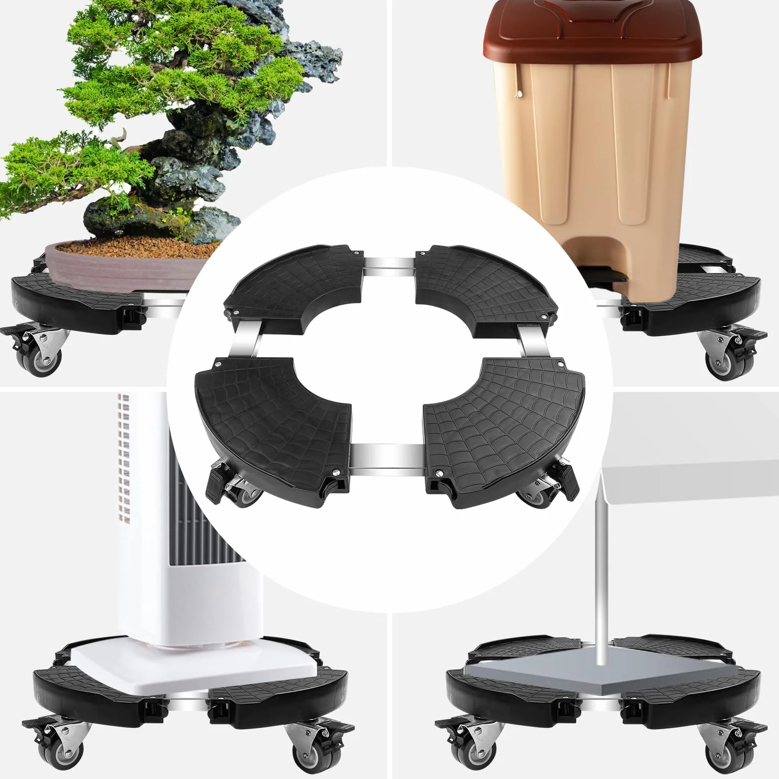 Porte Plante à Roulettes Réglable 40-58.5cm, Support Pot de Fleur Rond 250 kg, Chariot Plantes Noir Roues 360°