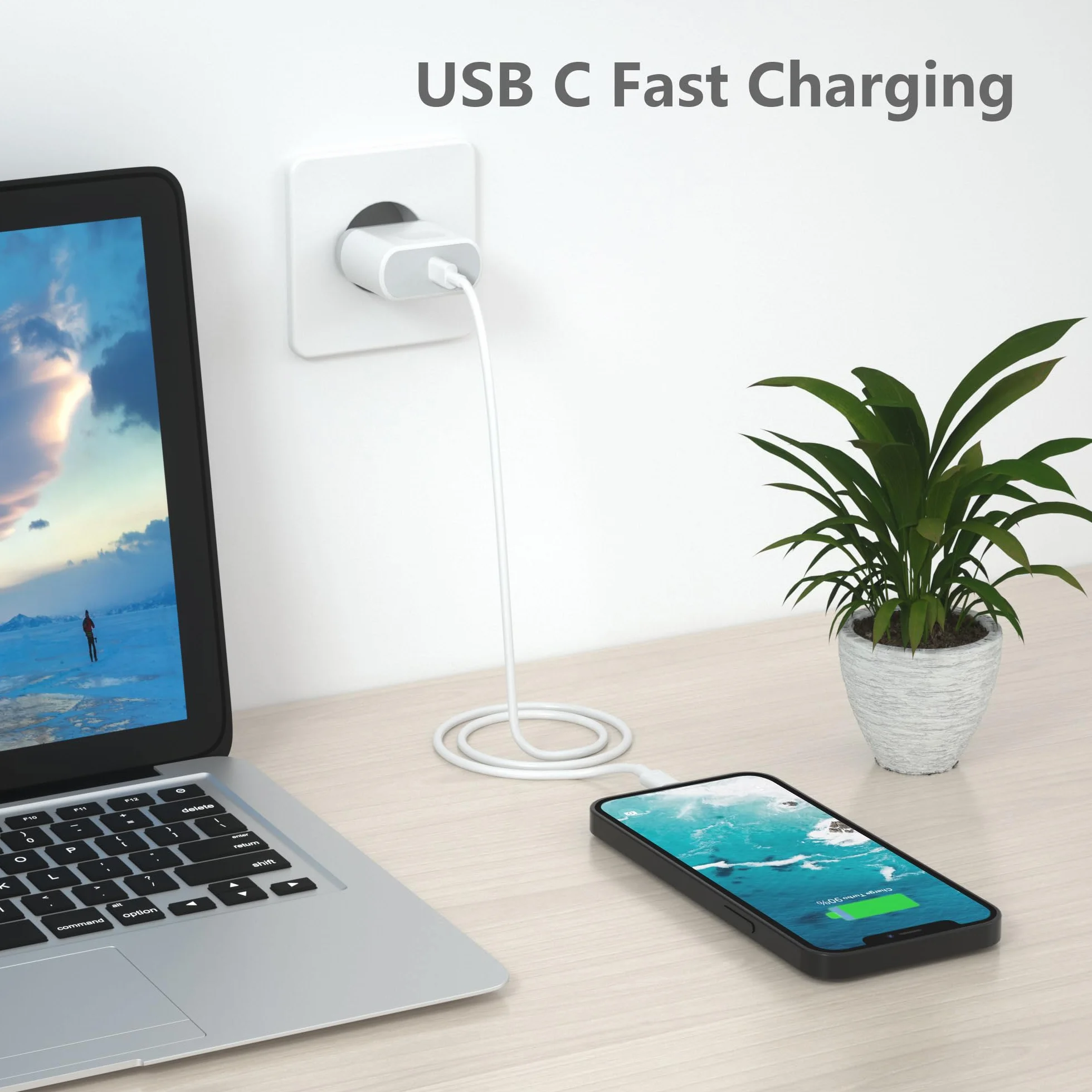 Chargeur Rapide 25W USB C Ecowaare pour iPhone 14 13 12 11 X SE 8 7 6 iPad avec Câble 2M