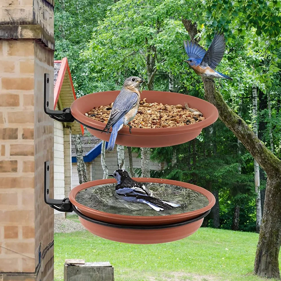 Alnicov Mangeoire à oiseaux et bain d'oiseaux 2 pièces, balustrade de balcon, support mural rond
