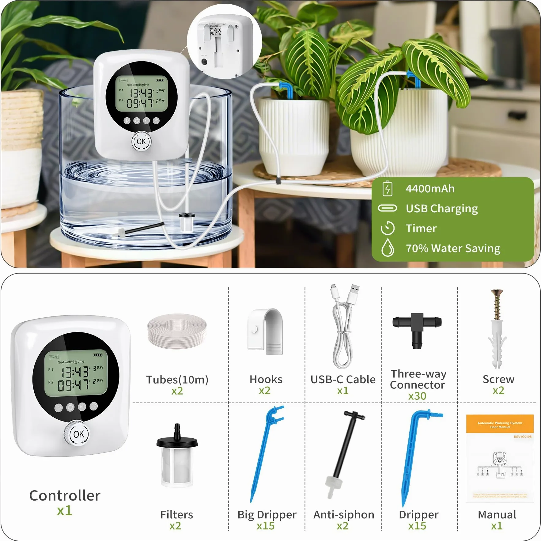 Forever Speed Système Arrosage Automatique D'intérieur avec Double Pompe pour 30 Plantes en Pot, 4400 mAh Goutte à Goutte Rechargeable Système D'irrigation pour Interieur, Balcons