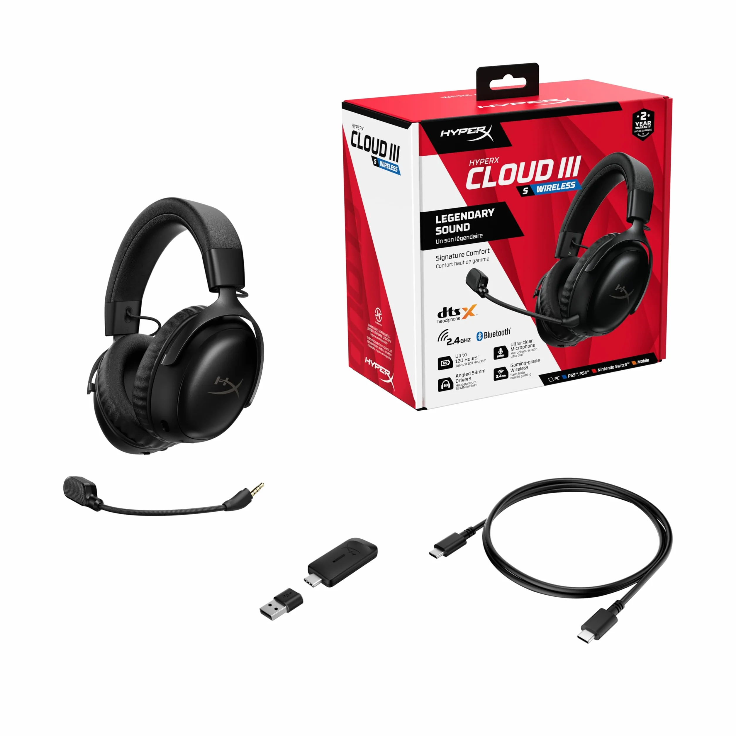 HyperX Cloud III S Casque Gaming sans Fil Bluetooth 2,4 GHz PC PS5 Xbox 200h Batterie 53 mm DTS Micro 10 mm Noir