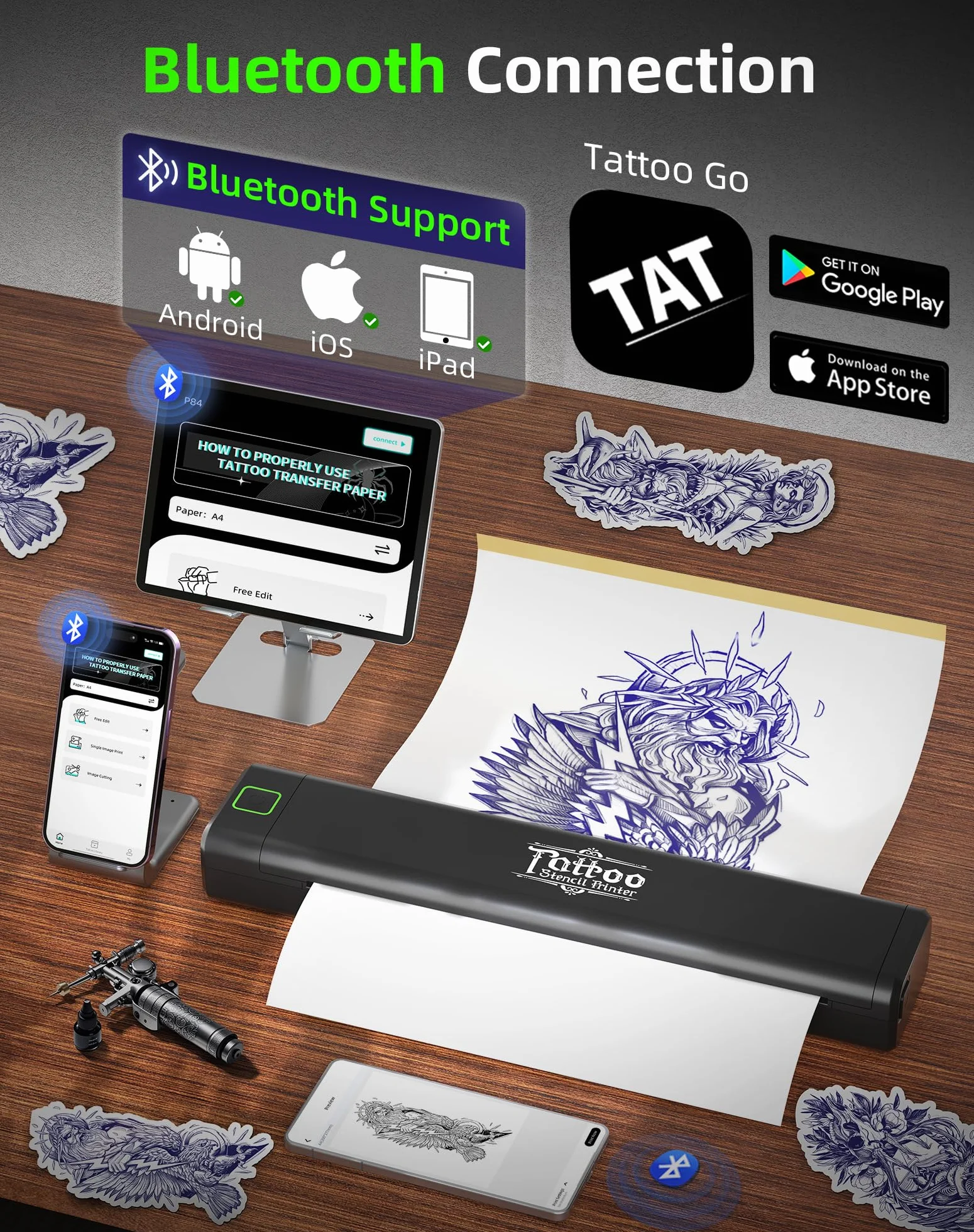 Thermocopieur Tatouage Bluetooth P84 Imprimante Stencil 5 Feuilles Papier Transfert Noir
