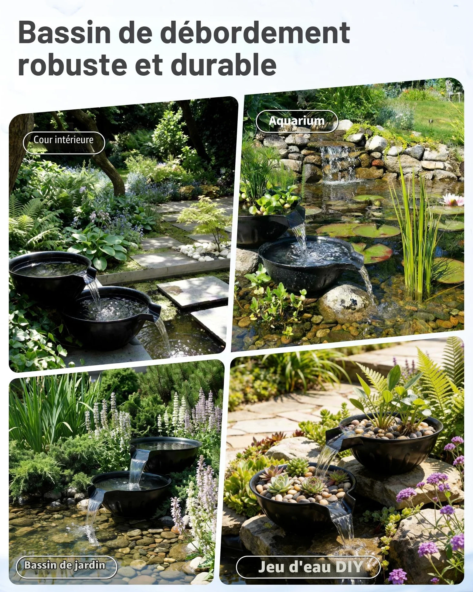 POPOSOAP Kit de Bassin et Cuvée de Déversoir, Fontaine avec Pompe de Bassin 2500 L/h pour Cascades, Plan d'eau DIY Intérieur/Extérieur Jardin