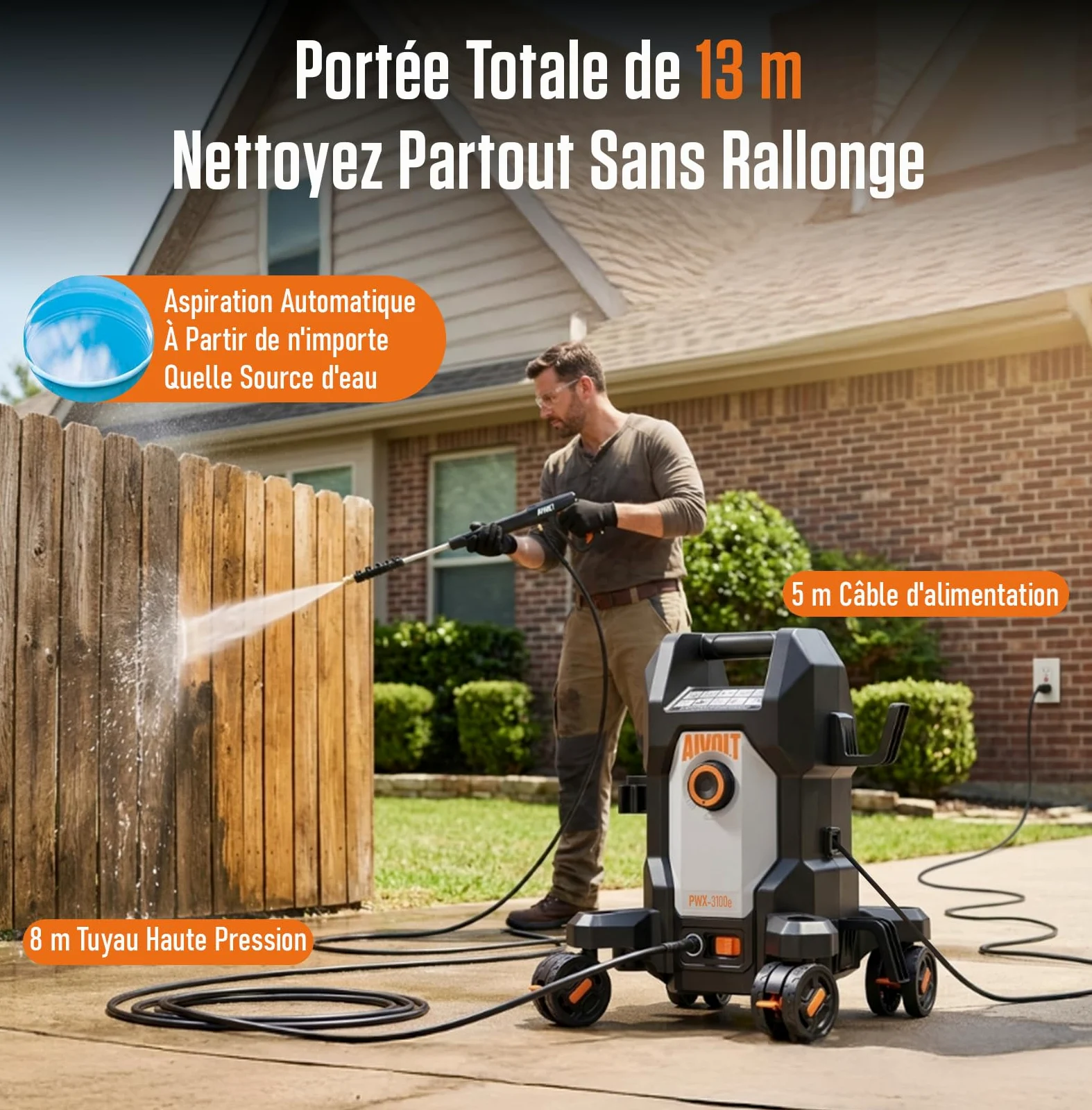 AIVOLT Nettoyeur Haute Pression 1800W, 170 Bars | avec 5 Buses à Modes Différents et Tuyau de 7,6 Mètres, Débit Maximal 360 L/H, pour Maison, Sols, Fenêtres, Voiture, etc.