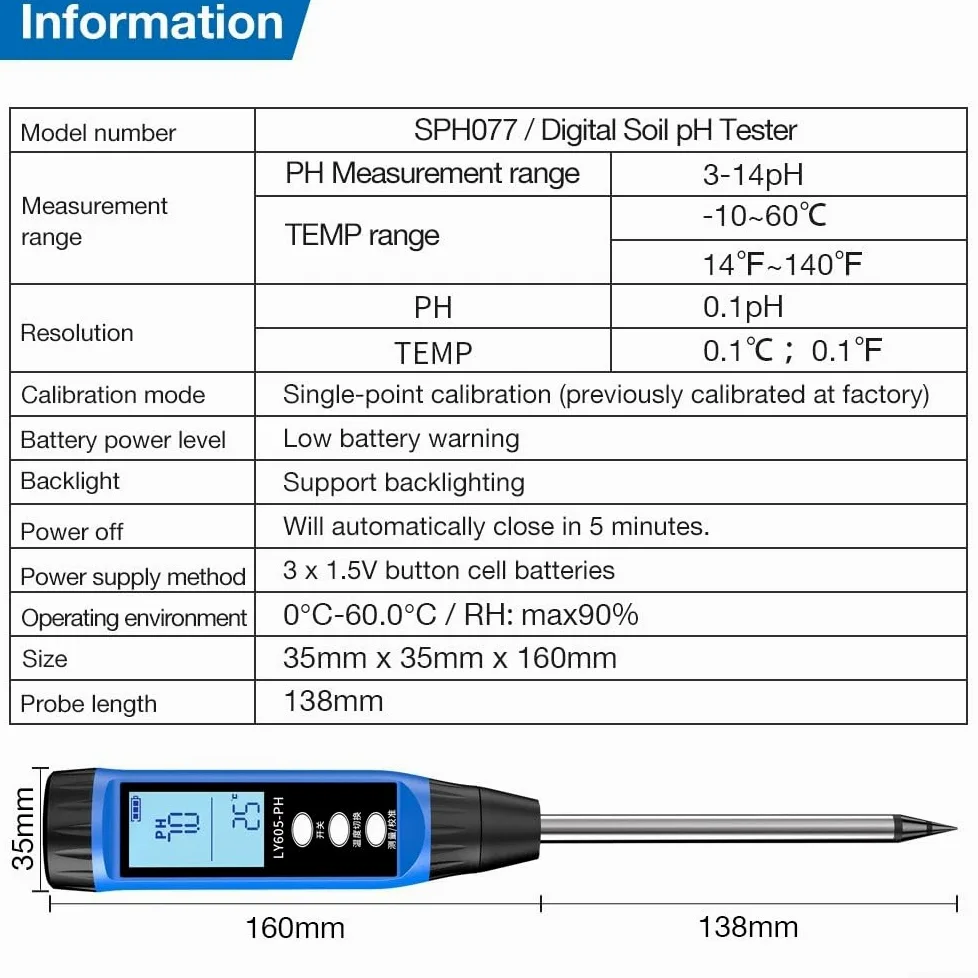 Testeur de sol numérique avec écran LCD, pH 3-14 haute précision et humidimètre pour l'agriculture et le jardin, fonctionnement portable à un bouton (605)