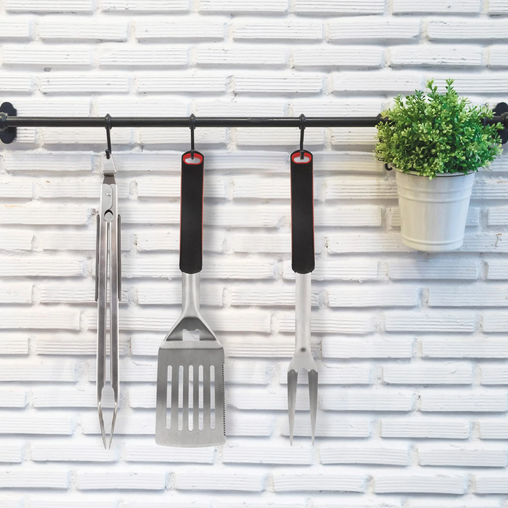 AKTIVE 63009 Ensemble d'Accessoires pour Barbecue 3 Pièces, Pinces, Spatule et Fourchette