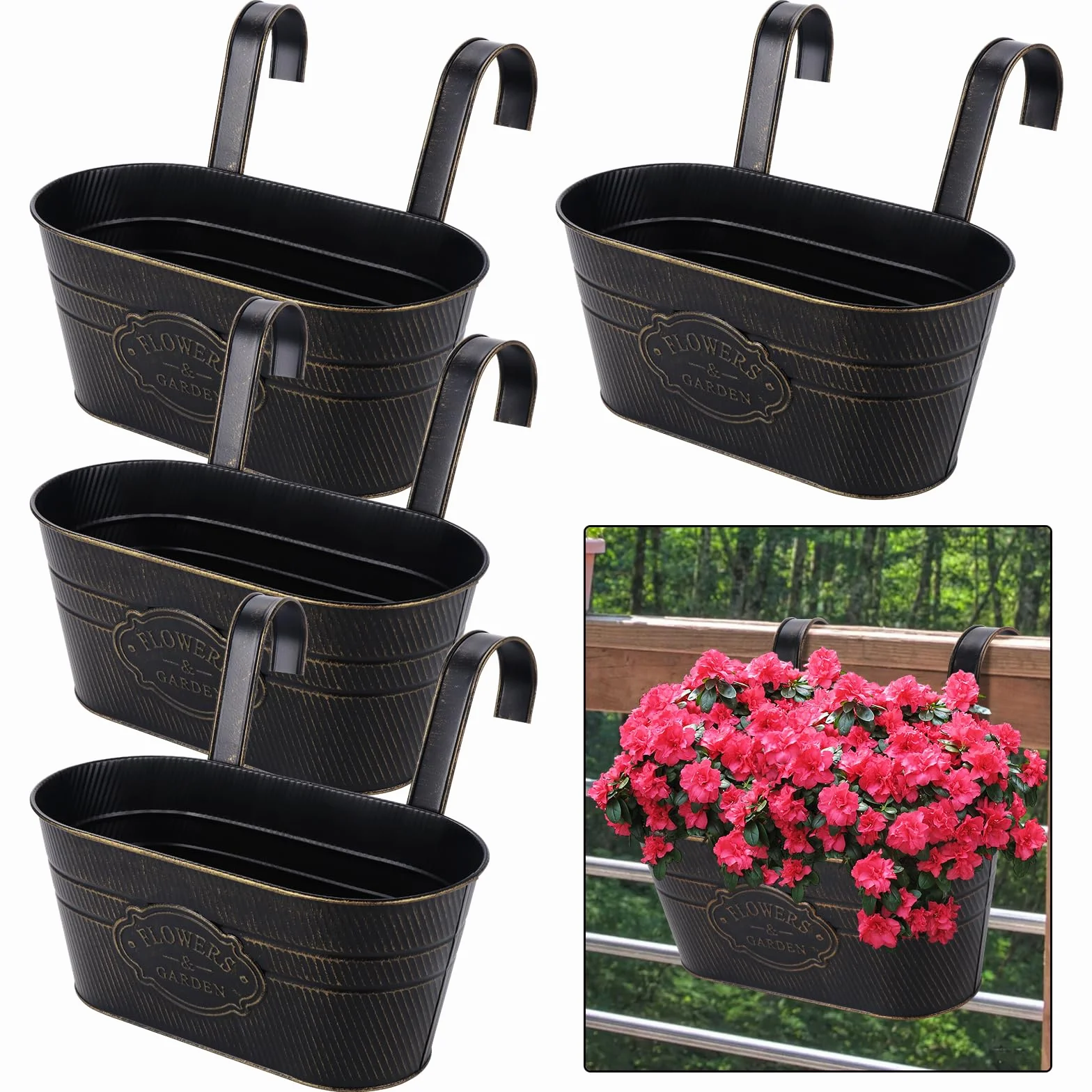 Lot de 4 Jardinières Suspendues Métal avec Crochets Amovibles pour Plantes Balcon Jardin